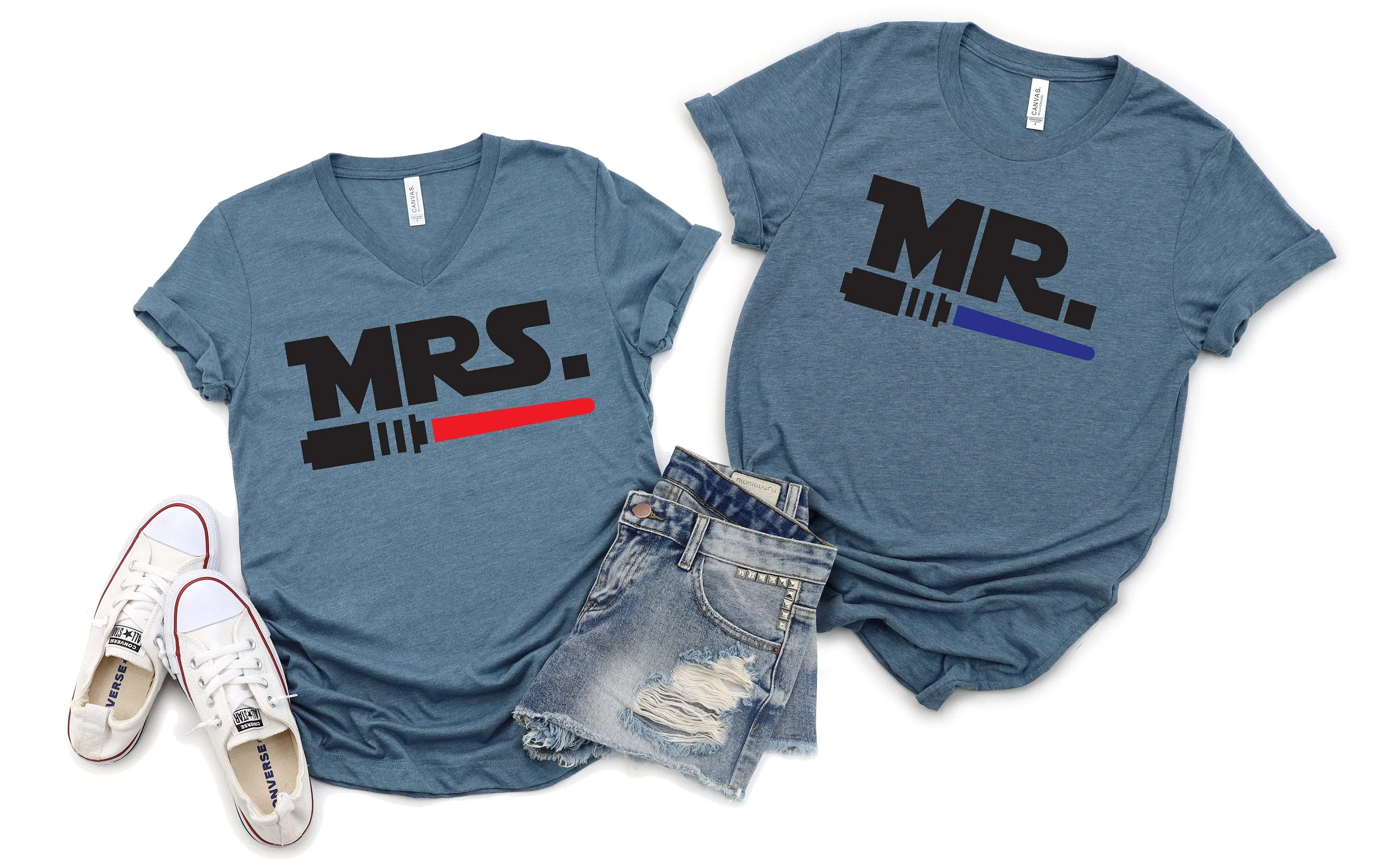 Mr and Mrs Jedi - Adult Star Wars Unisex T Shirts - Disney Couples Matching Shirts - Just Married - Light Saber - Honeymoon