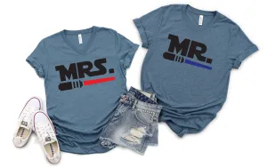 Mr and Mrs Jedi - Adult Star Wars Unisex T Shirts - Disney Couples Matching Shirts - Just Married - Light Saber - Honeymoon
