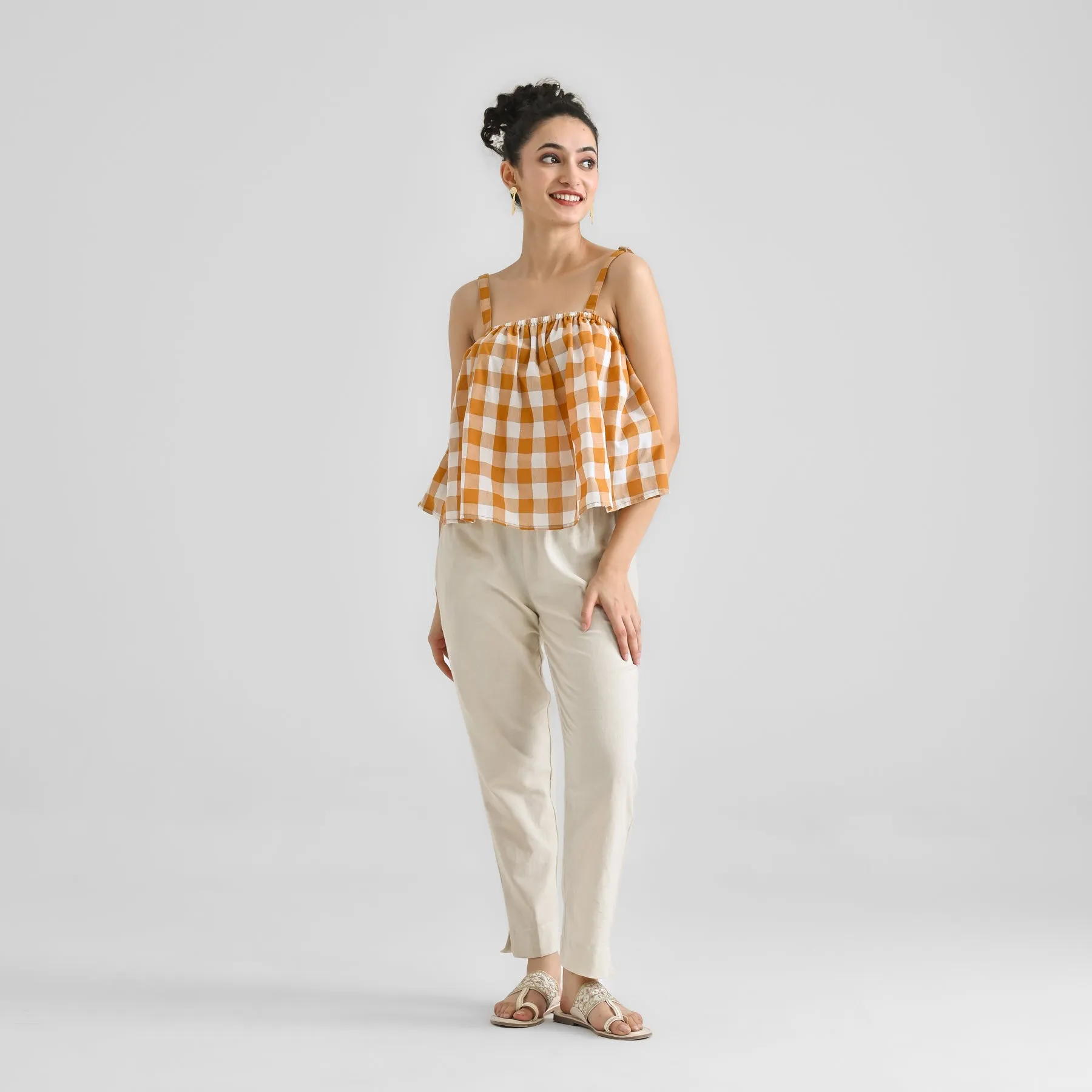 Mustard Woven Cotton Crop Top with Adjustable Strap Detail