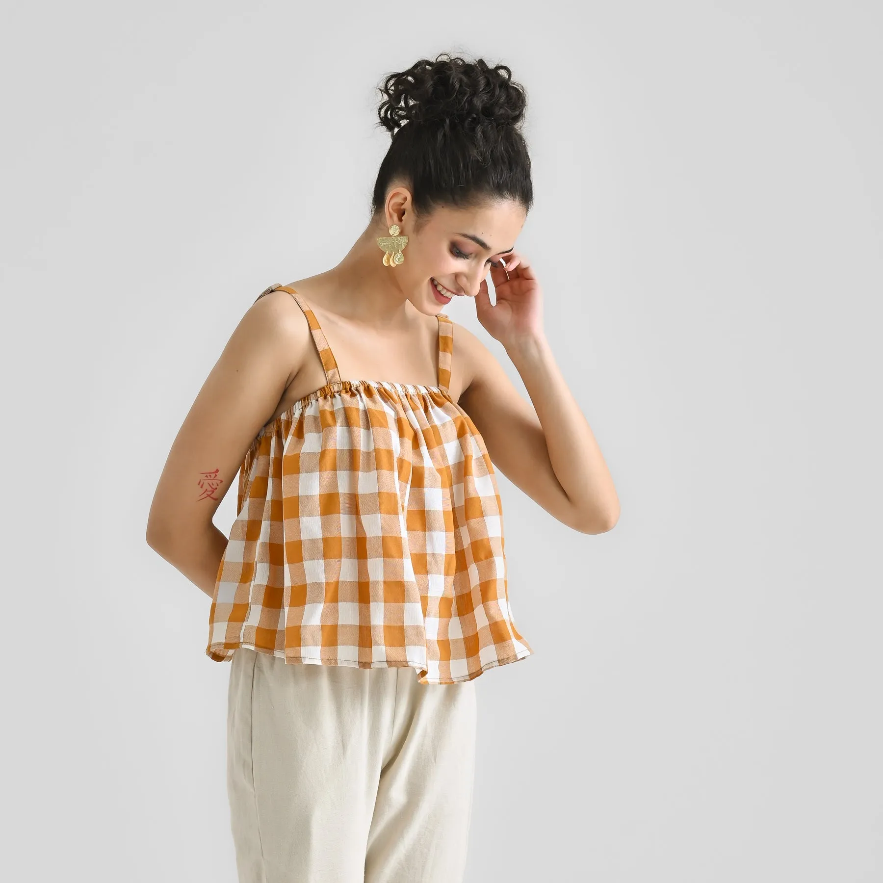 Mustard Woven Cotton Crop Top with Adjustable Strap Detail