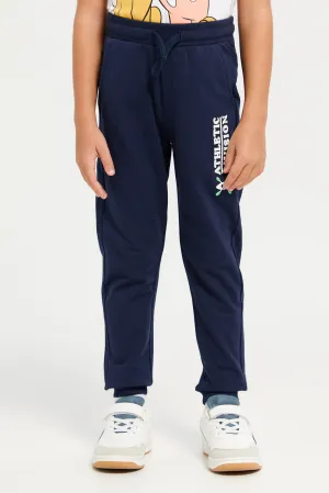 Navy Stretch Printed Track Pant