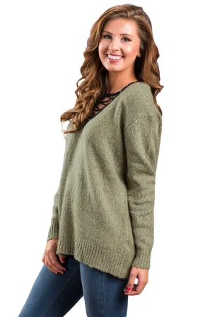 Olive Chic Long Sleeve Sweater with Lace up Neckline