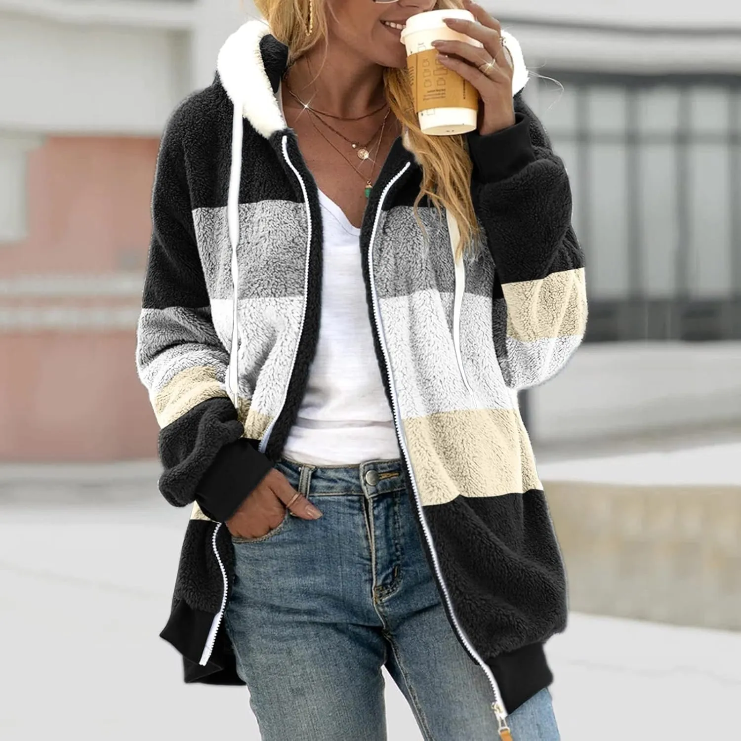 Oversized Fuzzy Fleece Jackets For Women Fashion 2024 Color Block Faux Fur Cardigan Coat Shaggy Warm Winter Outerwear