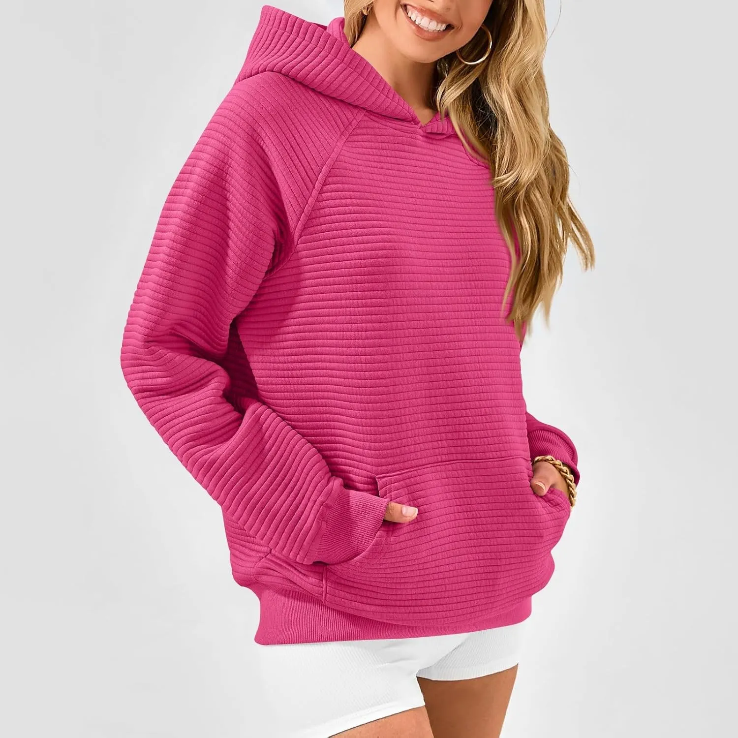 Oversized Hoodies for Women Y2k Raglan Sleeve Ribbed Knit Hooded Sweatshirt Casual Loose Pullover Sweater with Pockets