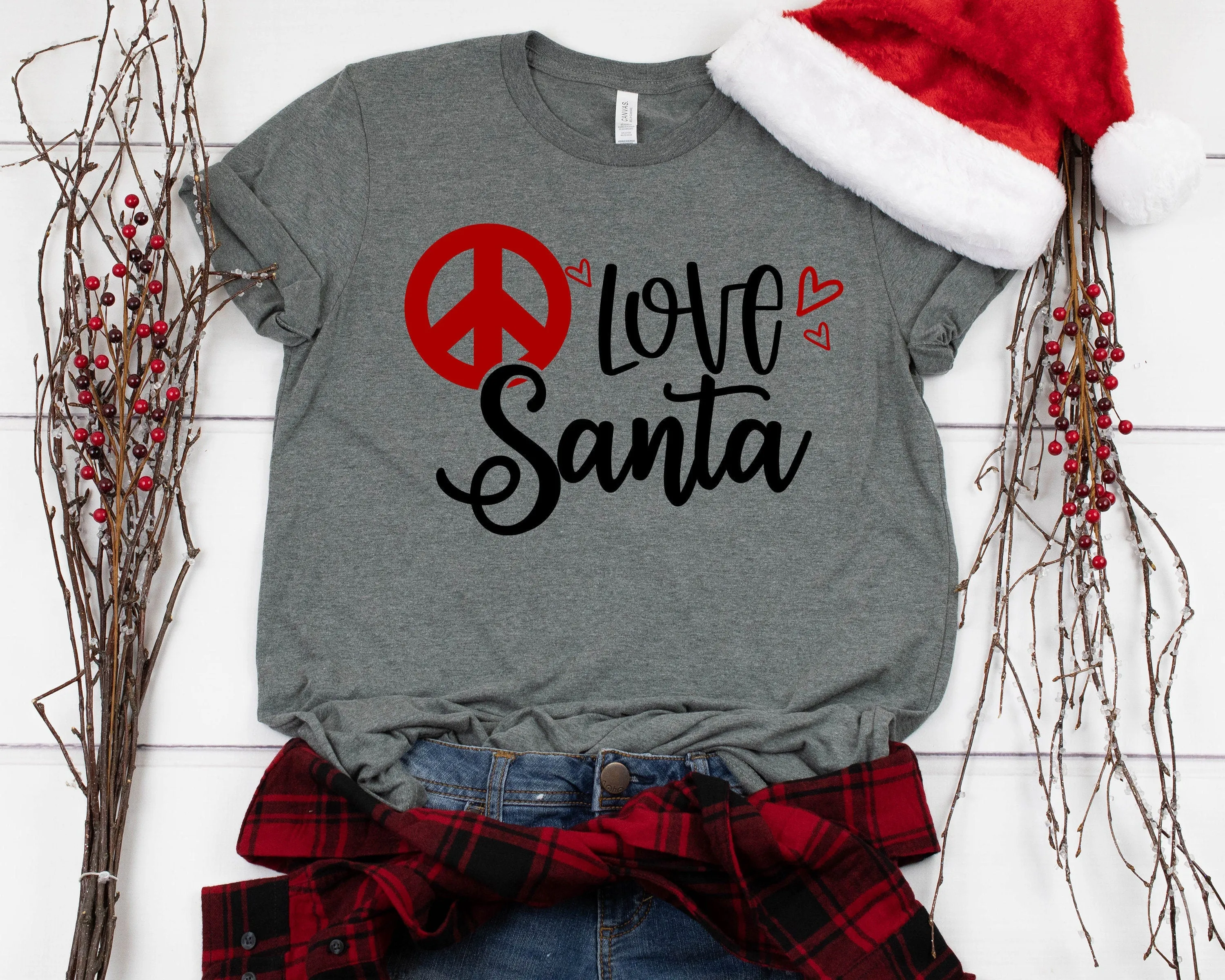 Peace Love Santa Christmas T Shirt - Christmas Peace Symbol Shirt - Santa Love Cute Christmas Matching Shirt