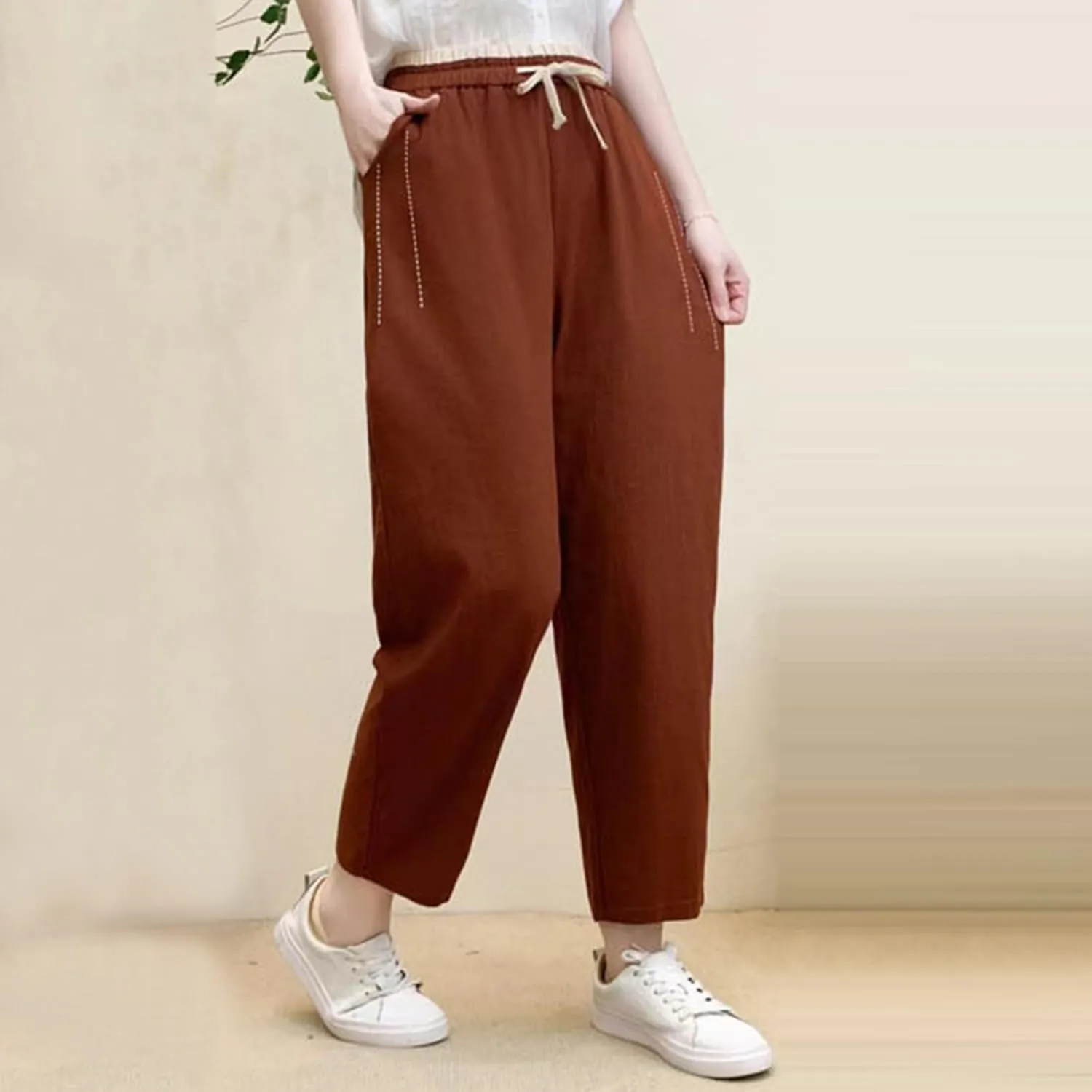 PTOLOCIF Womens Casual Linen Pants Wide Straight Leg Pants Baggy Elastic Waist Pant Summer Loose Fit Trousers with Pockets