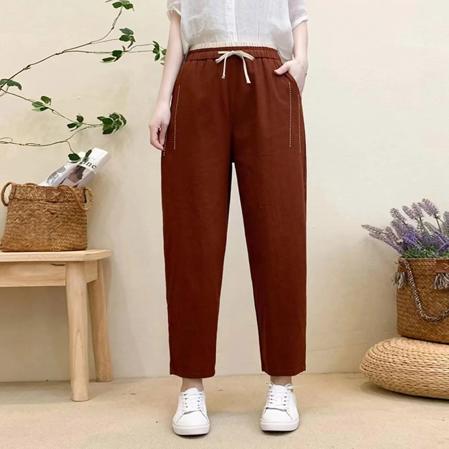 PTOLOCIF Womens Casual Linen Pants Wide Straight Leg Pants Baggy Elastic Waist Pant Summer Loose Fit Trousers with Pockets
