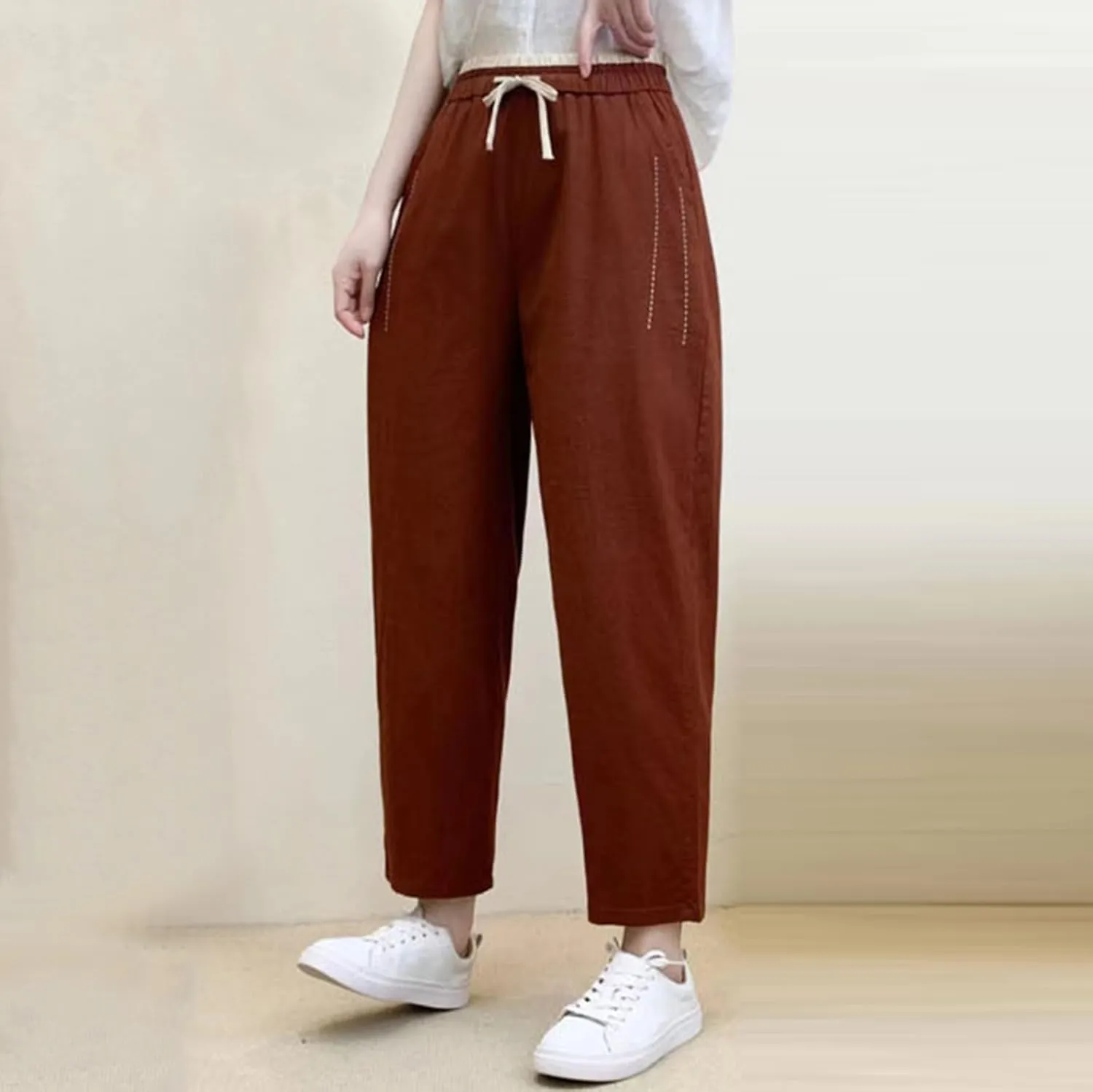 PTOLOCIF Womens Casual Linen Pants Wide Straight Leg Pants Baggy Elastic Waist Pant Summer Loose Fit Trousers with Pockets