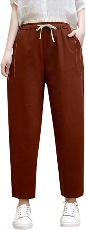 PTOLOCIF Womens Casual Linen Pants Wide Straight Leg Pants Baggy Elastic Waist Pant Summer Loose Fit Trousers with Pockets