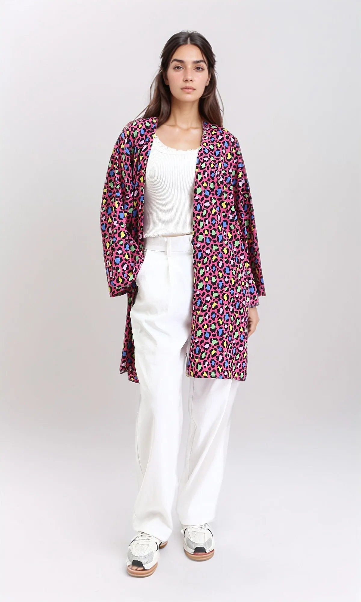 R210708 - Leopard Long Sleeves Colorful Cardigan - Fuchsia