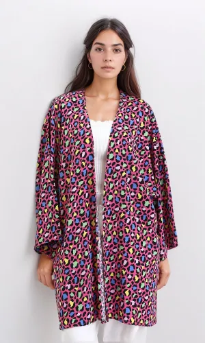 R210708 - Leopard Long Sleeves Colorful Cardigan - Fuchsia