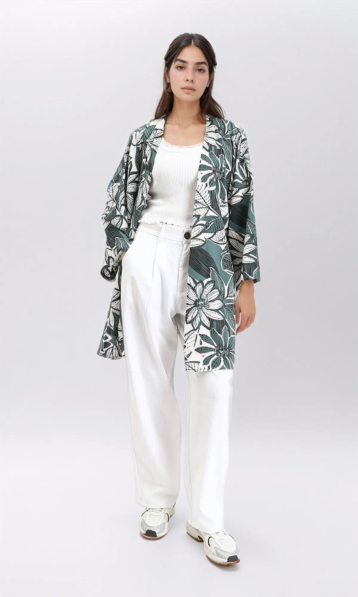 R210711 - Floral Long Sleeves Comfy Cardigan - Dark Mint & White