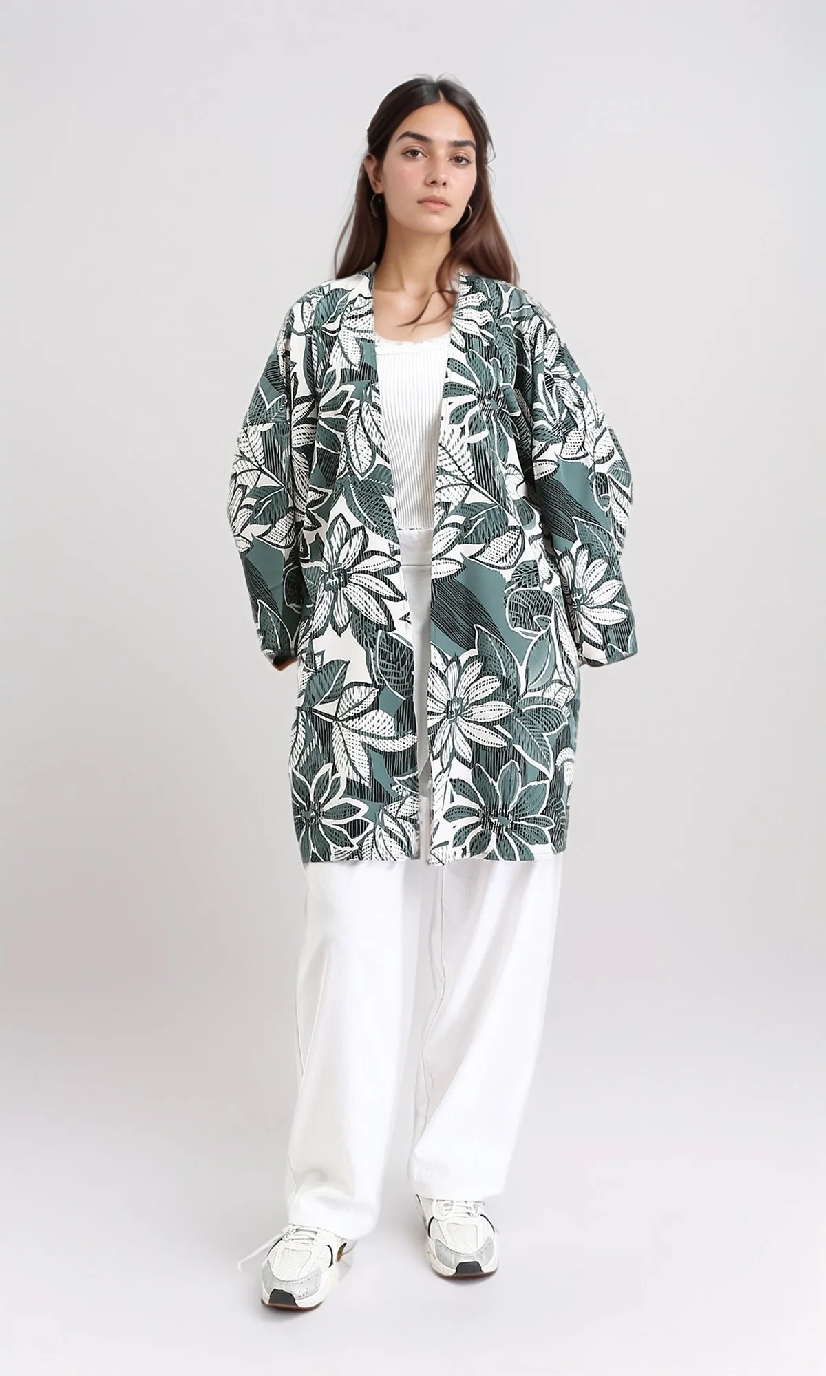 R210711 - Floral Long Sleeves Comfy Cardigan - Dark Mint & White