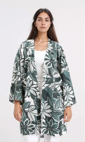 R210711 - Floral Long Sleeves Comfy Cardigan - Dark Mint & White