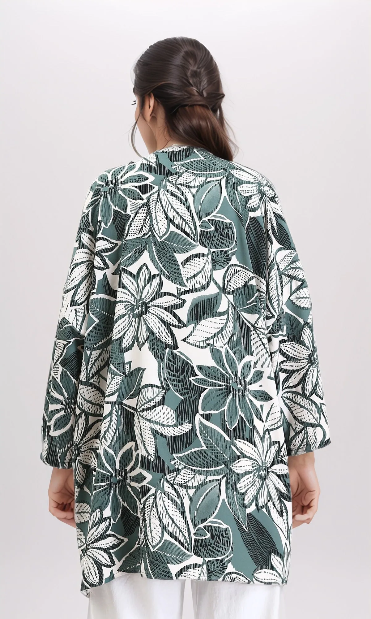 R210711 - Floral Long Sleeves Comfy Cardigan - Dark Mint & White