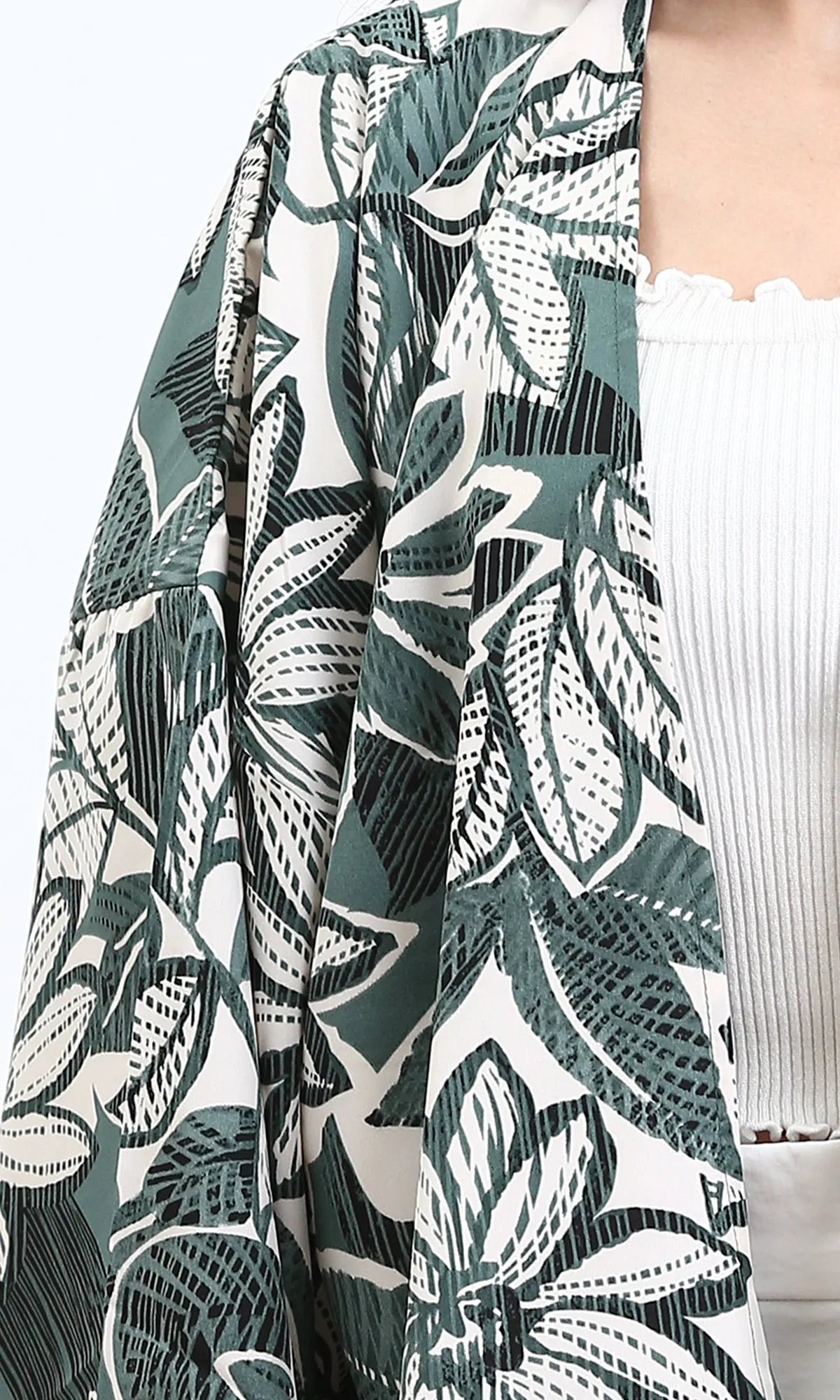 R210711 - Floral Long Sleeves Comfy Cardigan - Dark Mint & White