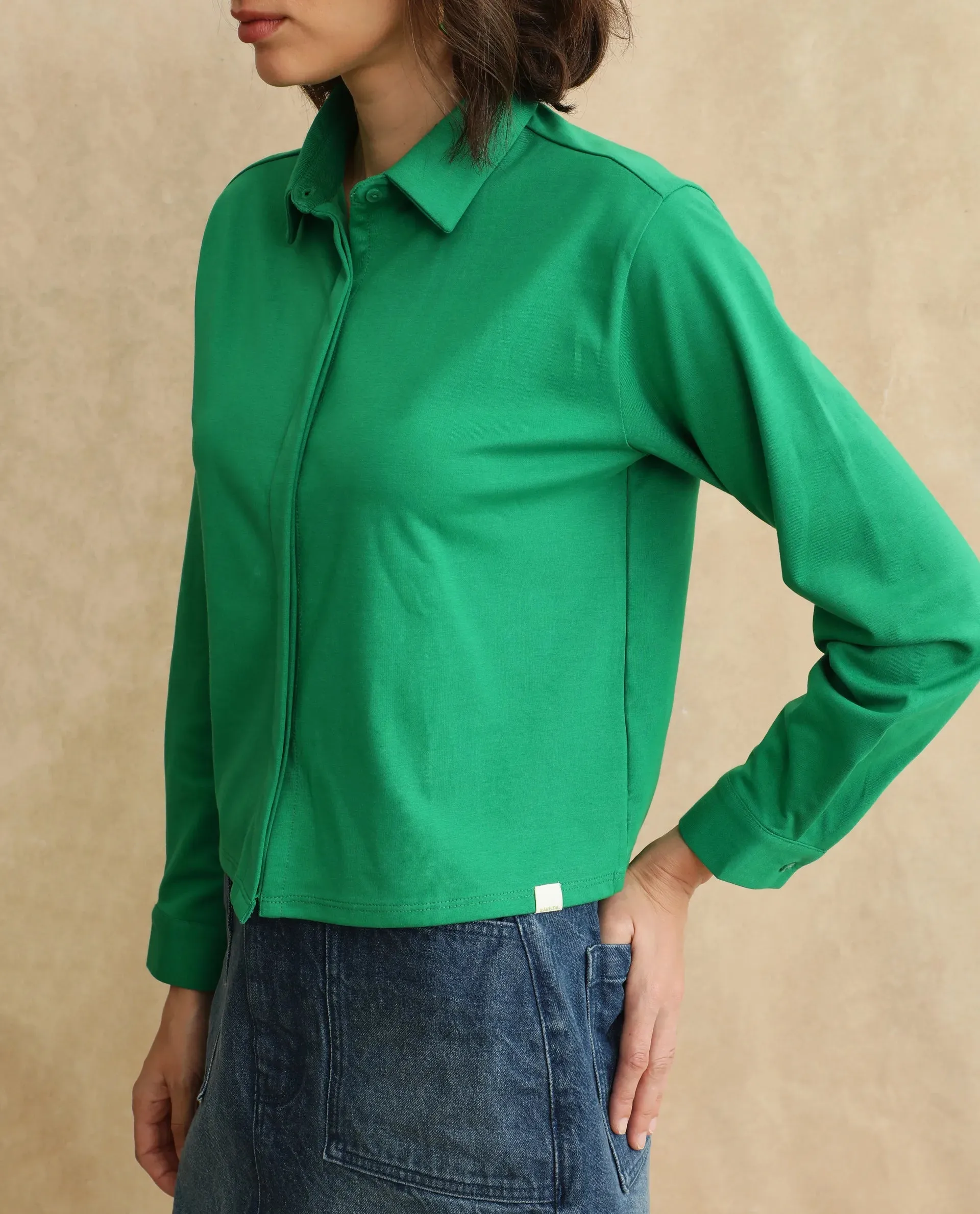 Rareism Women Ellery Green Cotton Blend Fabric Full Sleeve Collared Neck Button Closure Plain Shirt