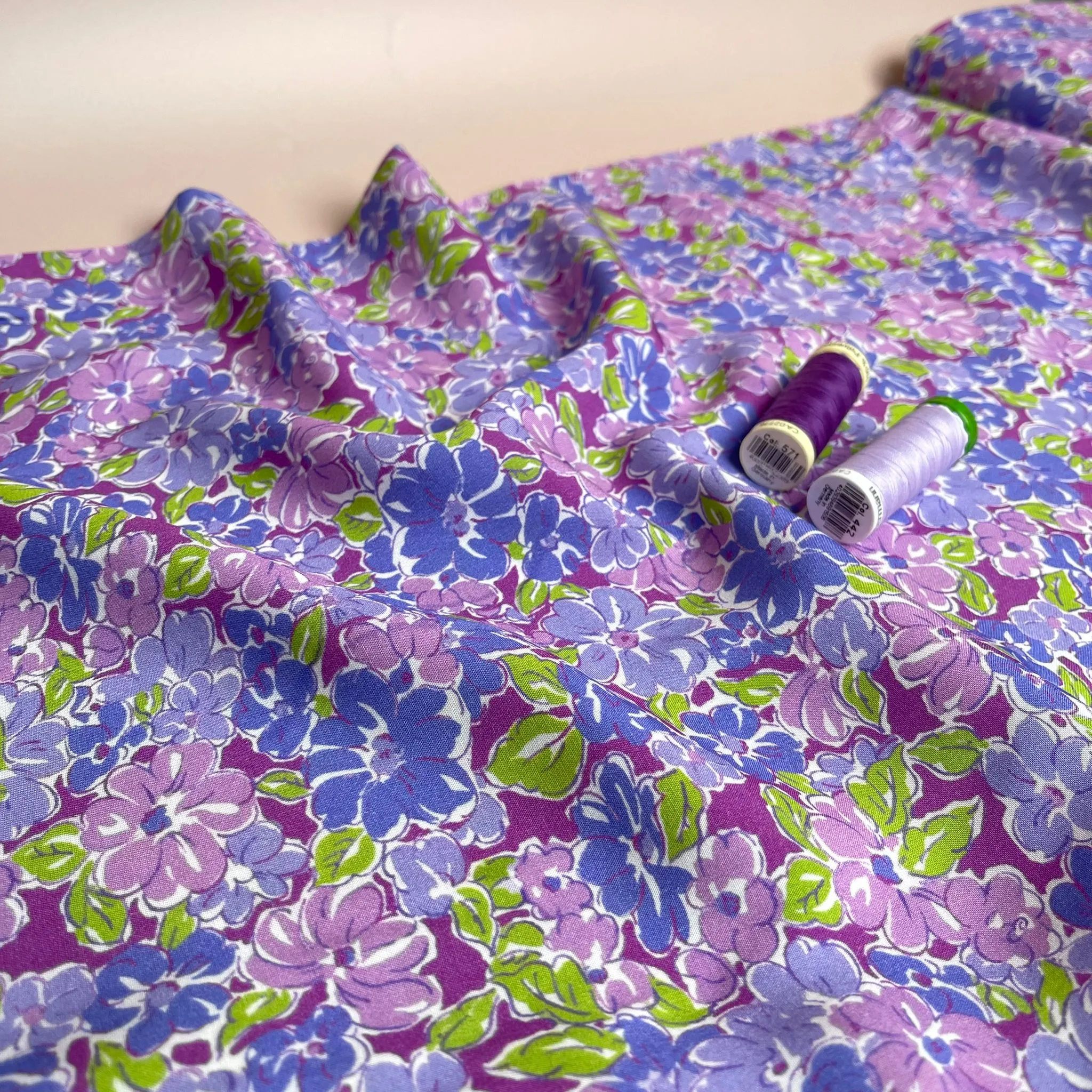 REMNANT 0.64 Metre - Meadow Flowers in Purple and Green Viscose Fabric