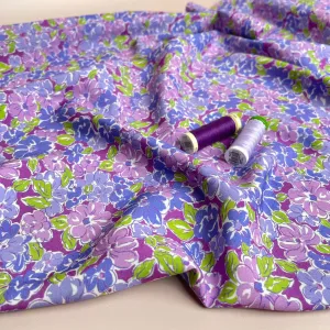 REMNANT 0.64 Metre - Meadow Flowers in Purple and Green Viscose Fabric