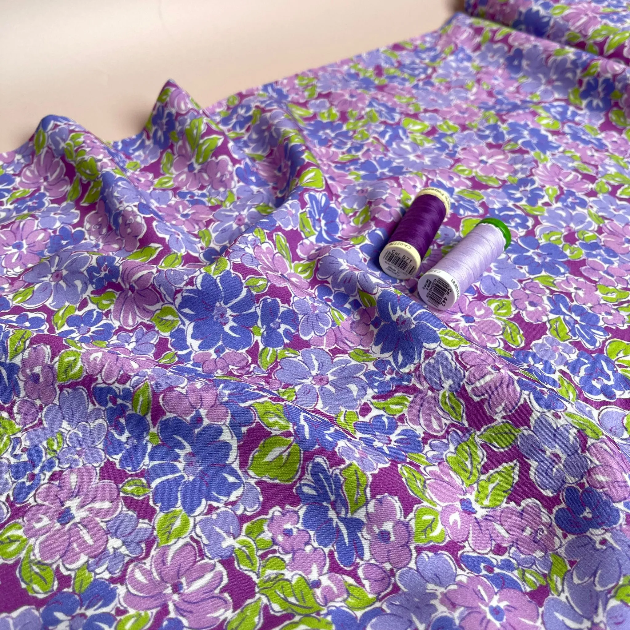 REMNANT 0.64 Metre - Meadow Flowers in Purple and Green Viscose Fabric