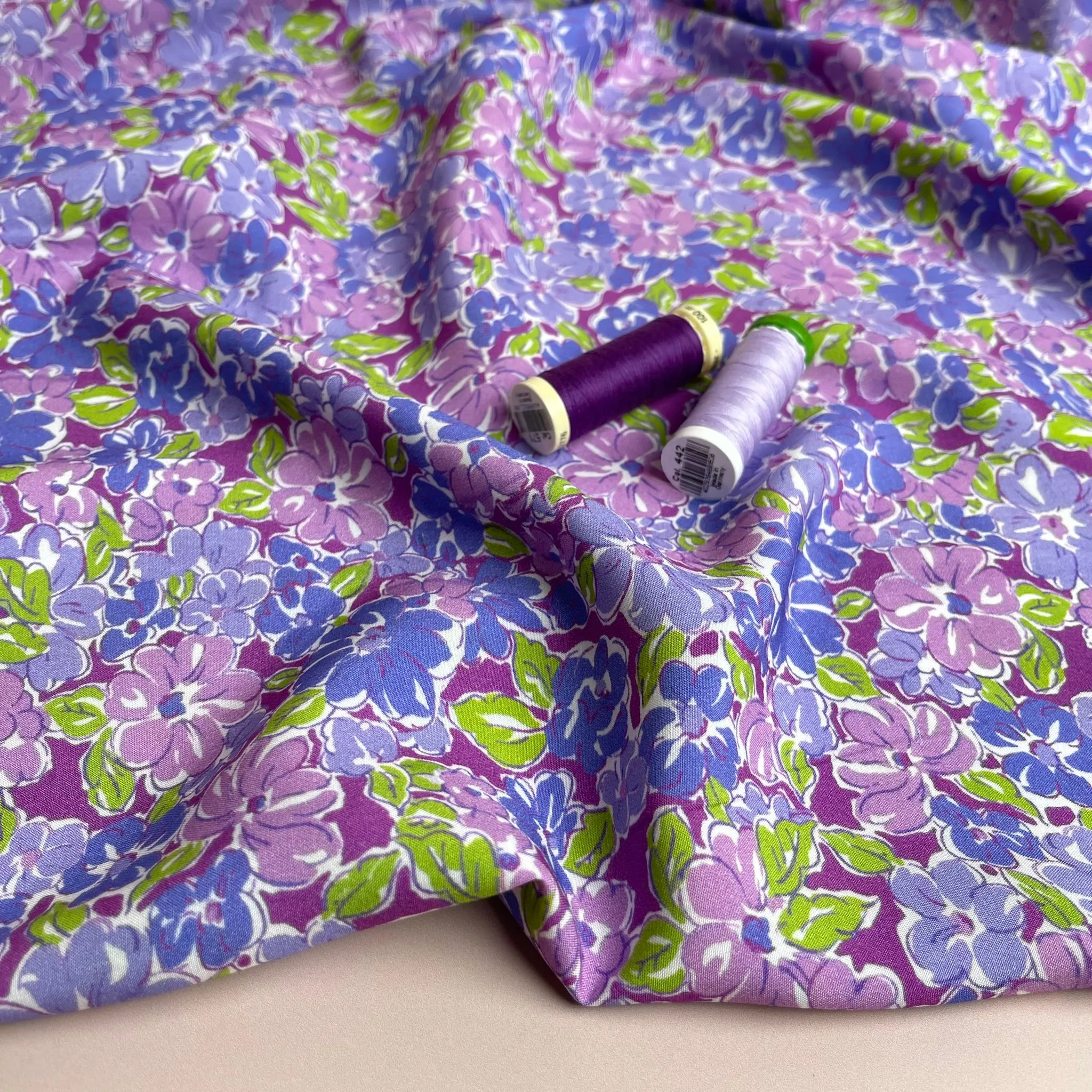 REMNANT 0.64 Metre - Meadow Flowers in Purple and Green Viscose Fabric