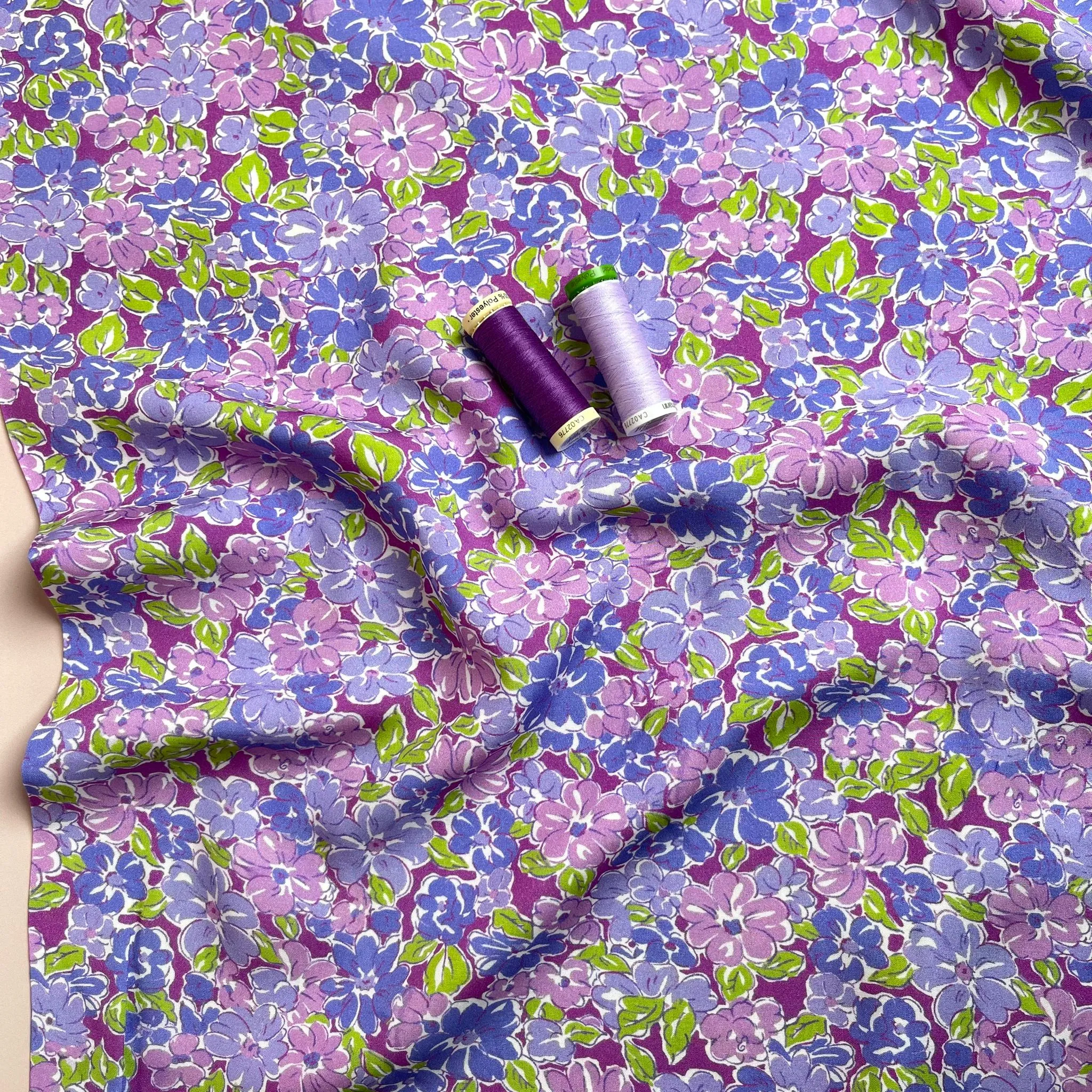 REMNANT 0.64 Metre - Meadow Flowers in Purple and Green Viscose Fabric