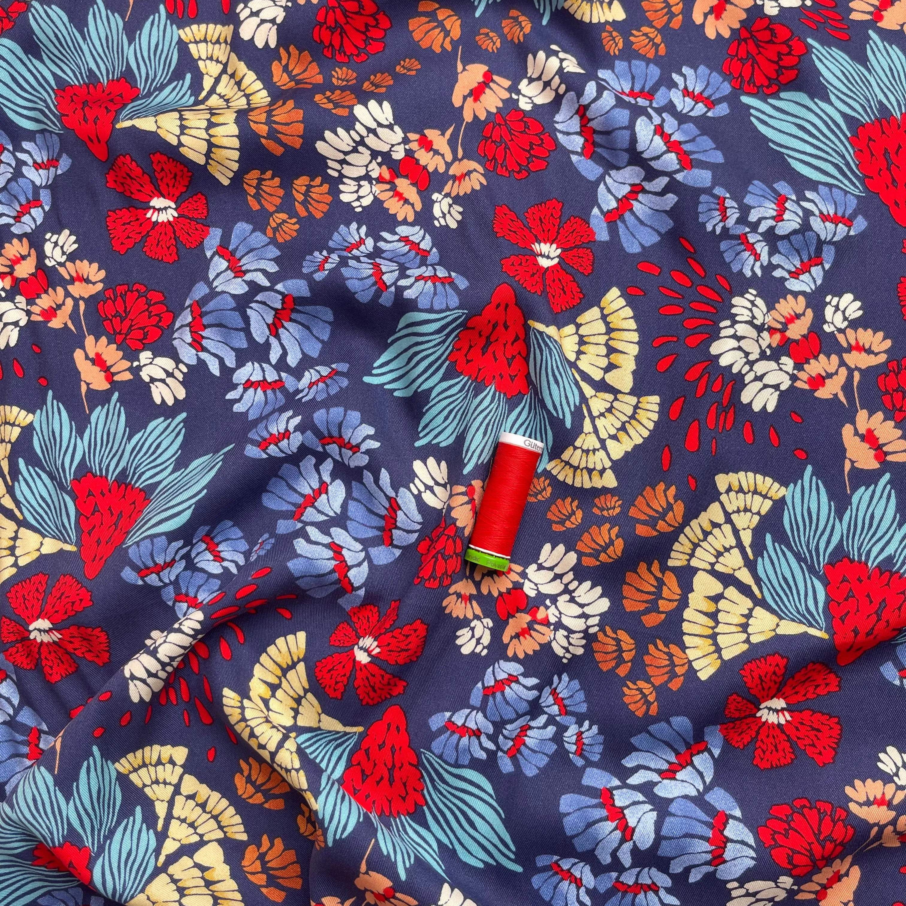 REMNANT 1.2 Metres - Bold Blue Abstract Flowers Viscose Twill Fabric