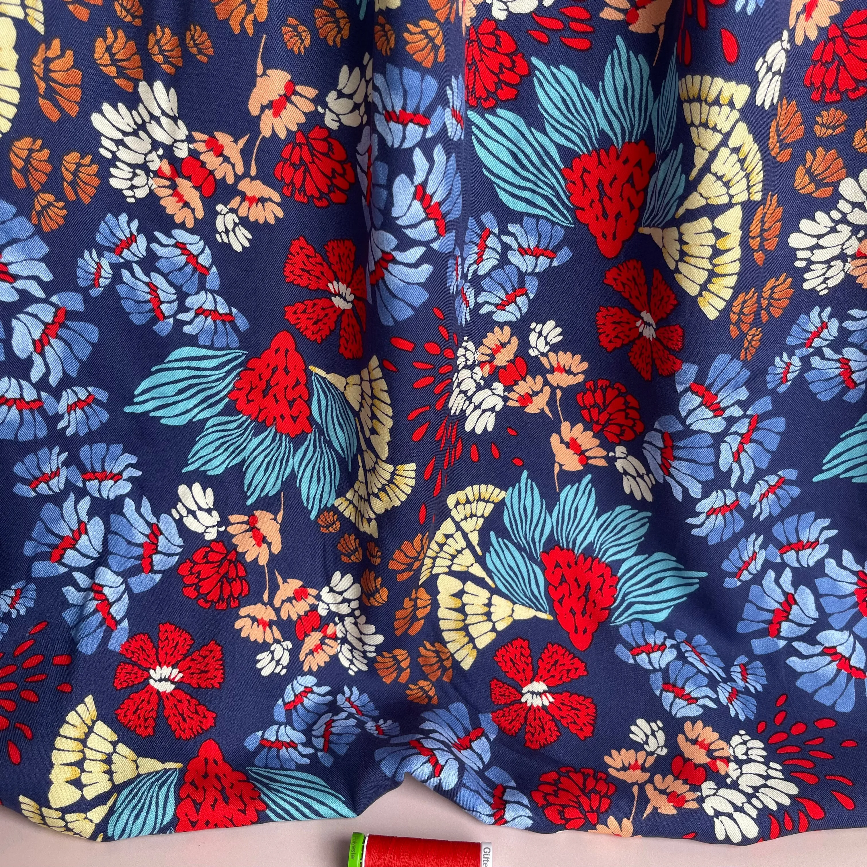 REMNANT 1.2 Metres - Bold Blue Abstract Flowers Viscose Twill Fabric