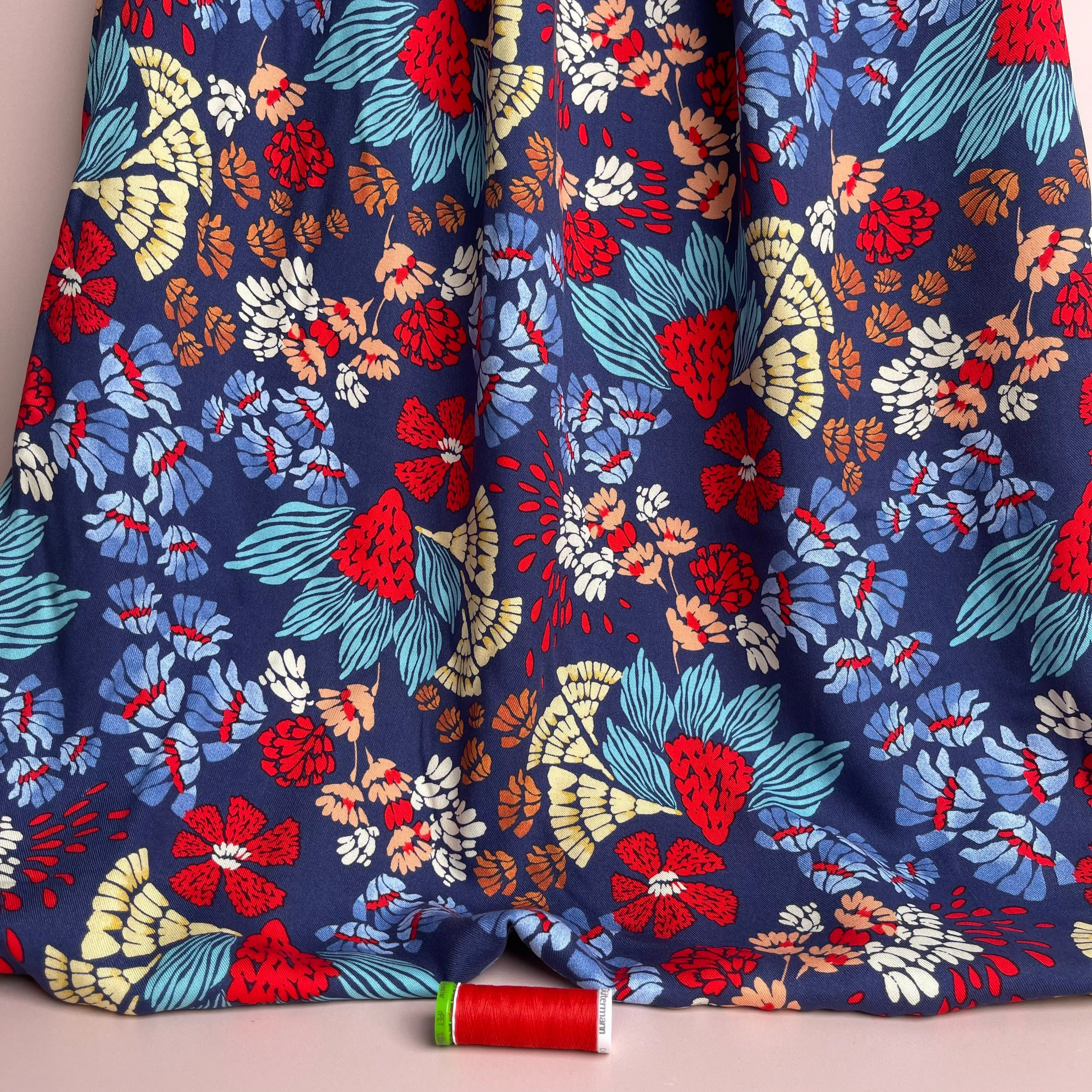 REMNANT 1.2 Metres - Bold Blue Abstract Flowers Viscose Twill Fabric