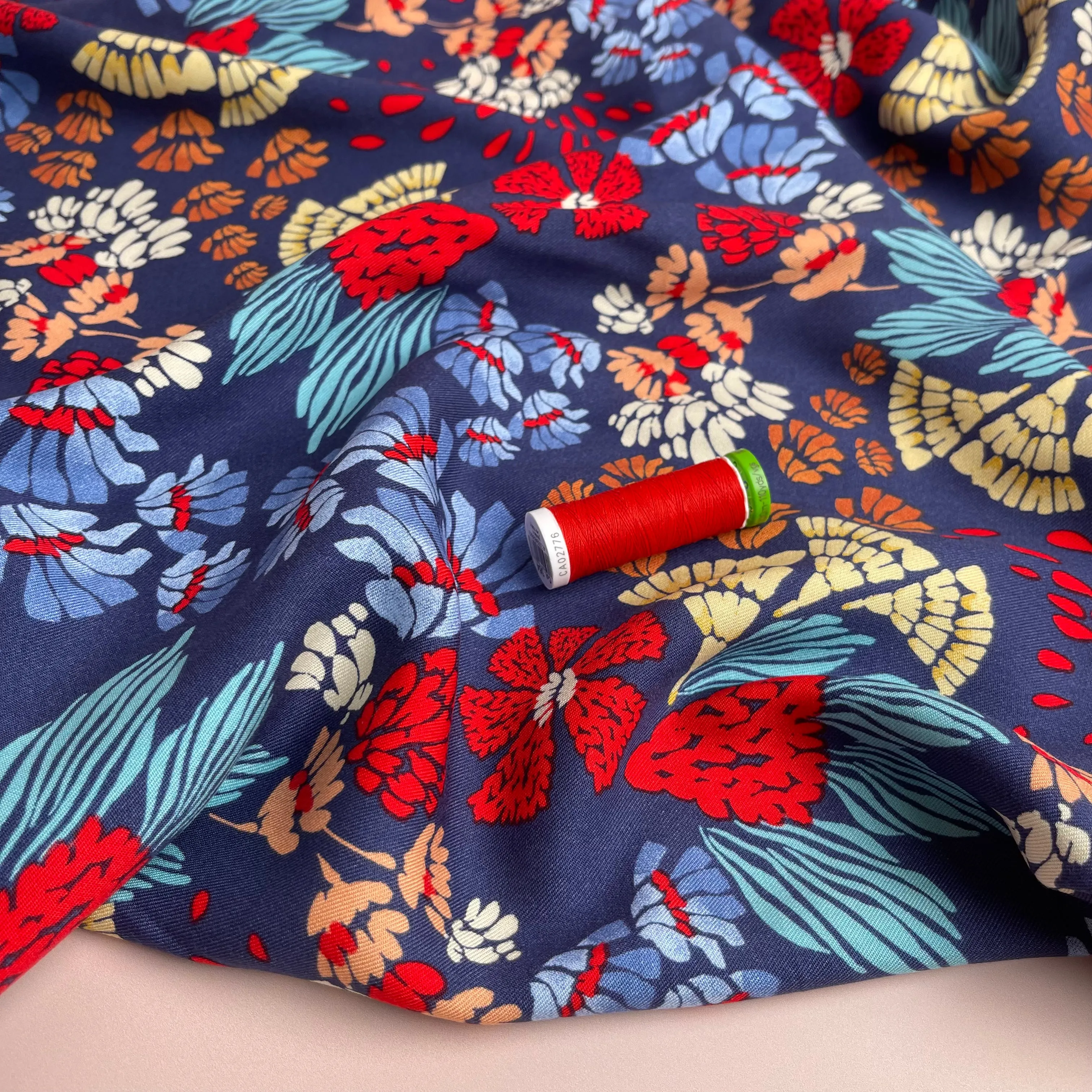 REMNANT 1.2 Metres - Bold Blue Abstract Flowers Viscose Twill Fabric