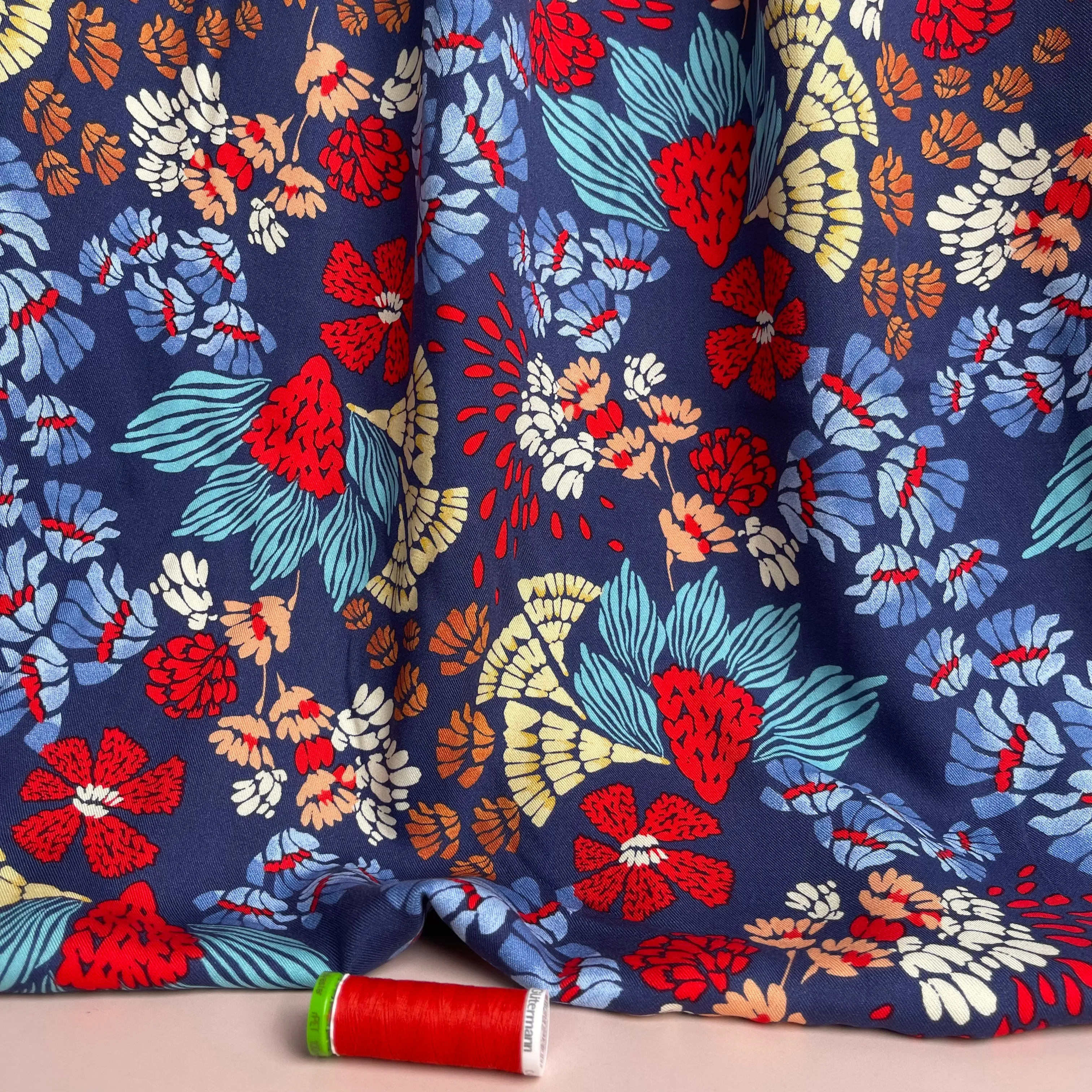 REMNANT 1.2 Metres - Bold Blue Abstract Flowers Viscose Twill Fabric