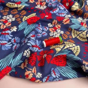 REMNANT 1.2 Metres - Bold Blue Abstract Flowers Viscose Twill Fabric