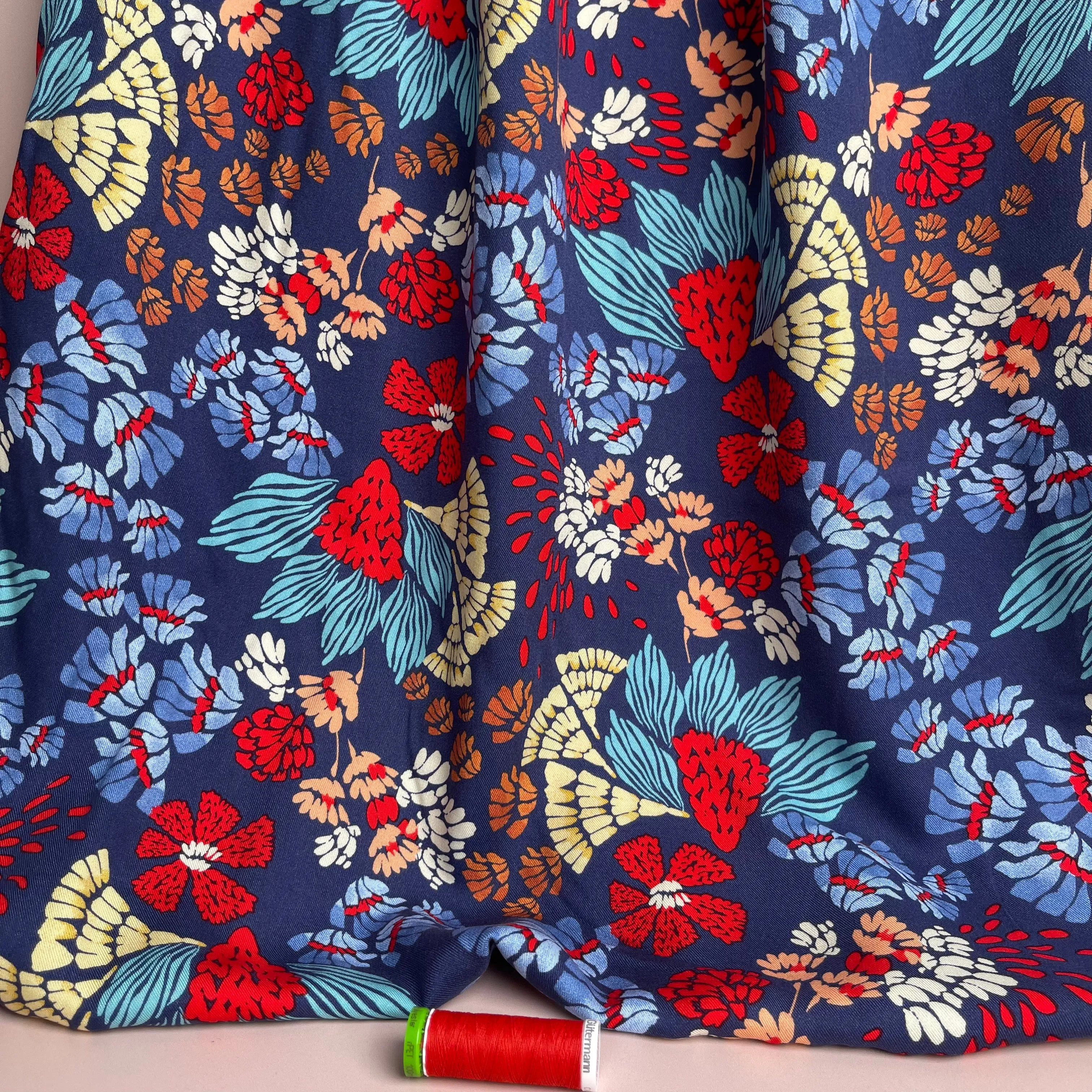 REMNANT 1.2 Metres - Bold Blue Abstract Flowers Viscose Twill Fabric