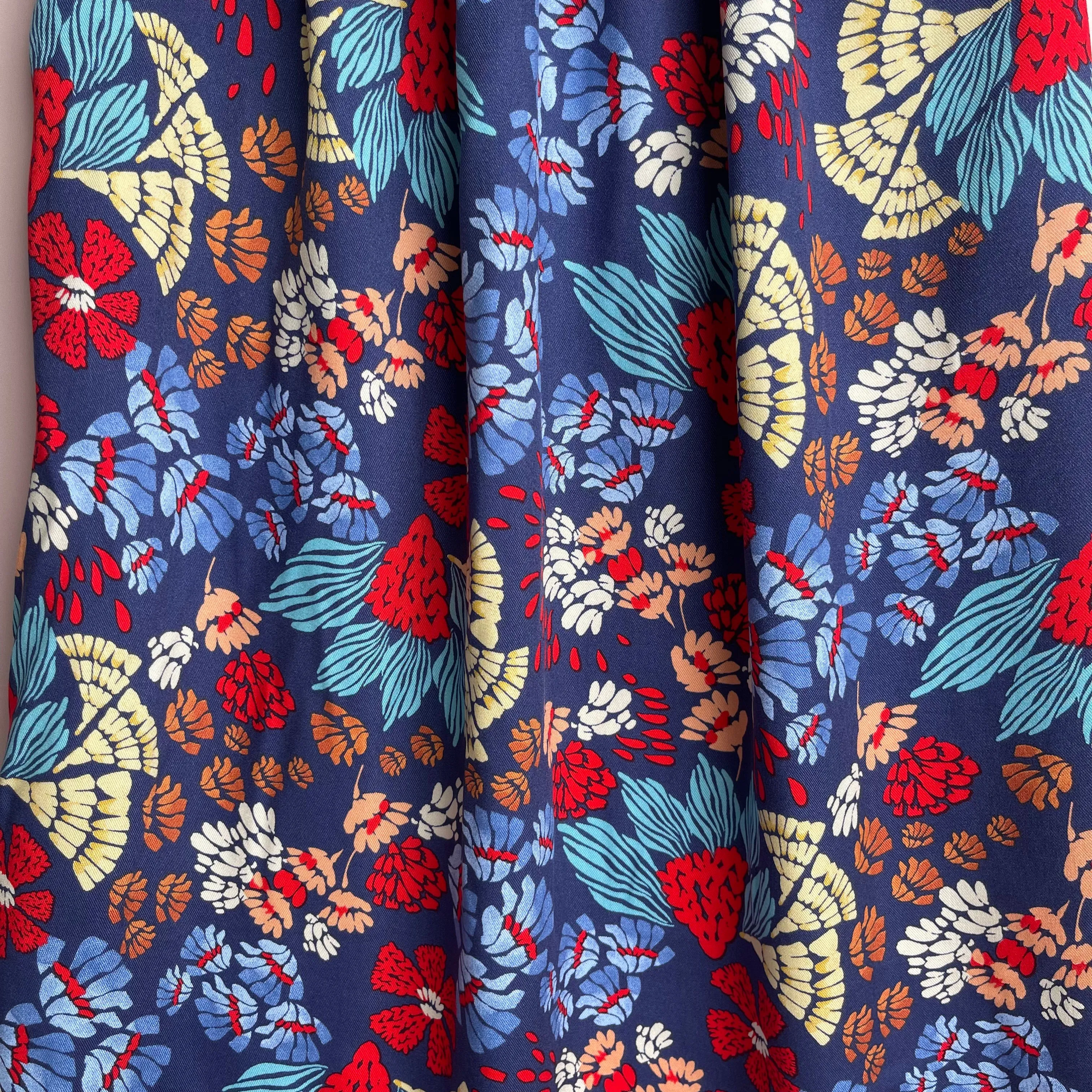 REMNANT 1.2 Metres - Bold Blue Abstract Flowers Viscose Twill Fabric