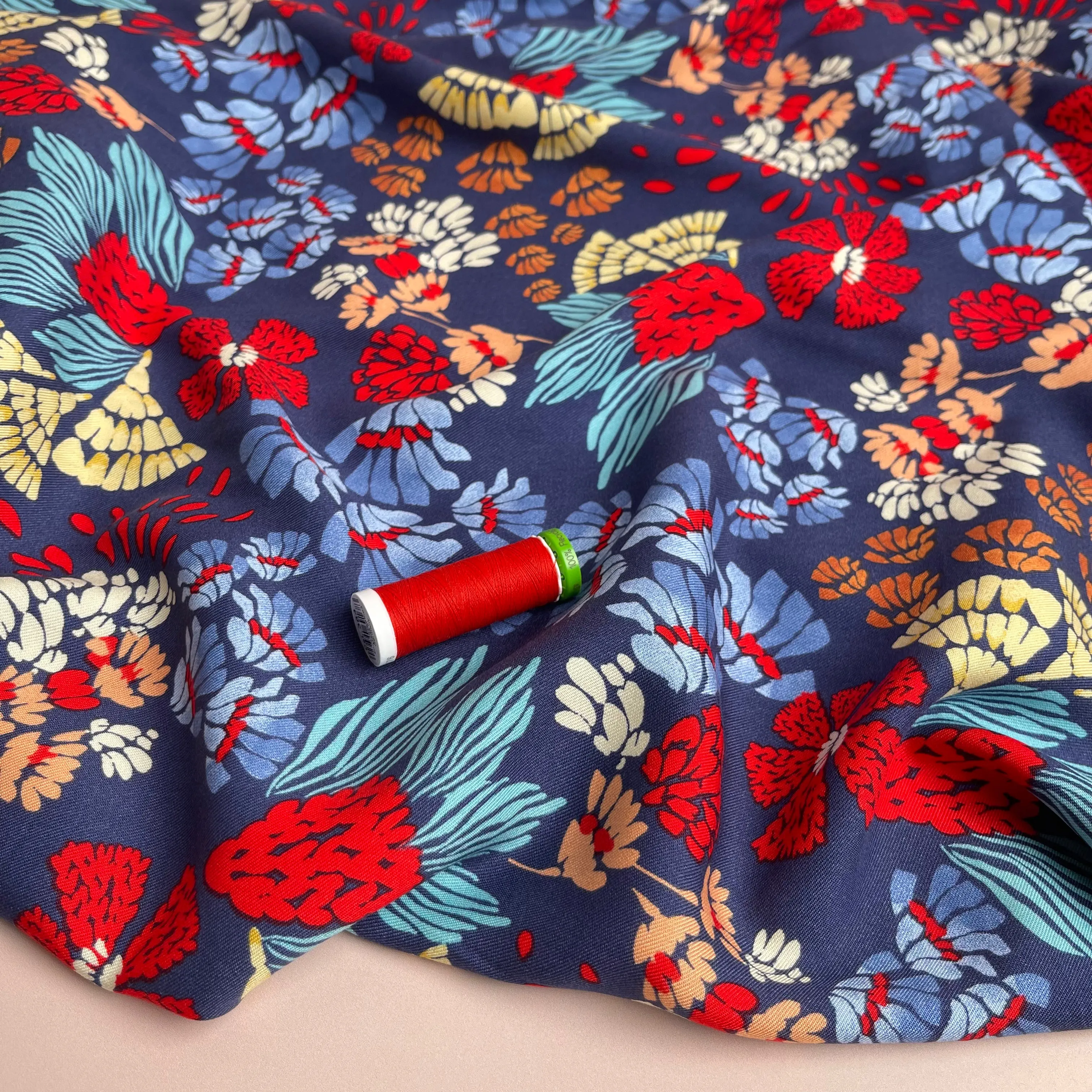 REMNANT 1.2 Metres - Bold Blue Abstract Flowers Viscose Twill Fabric