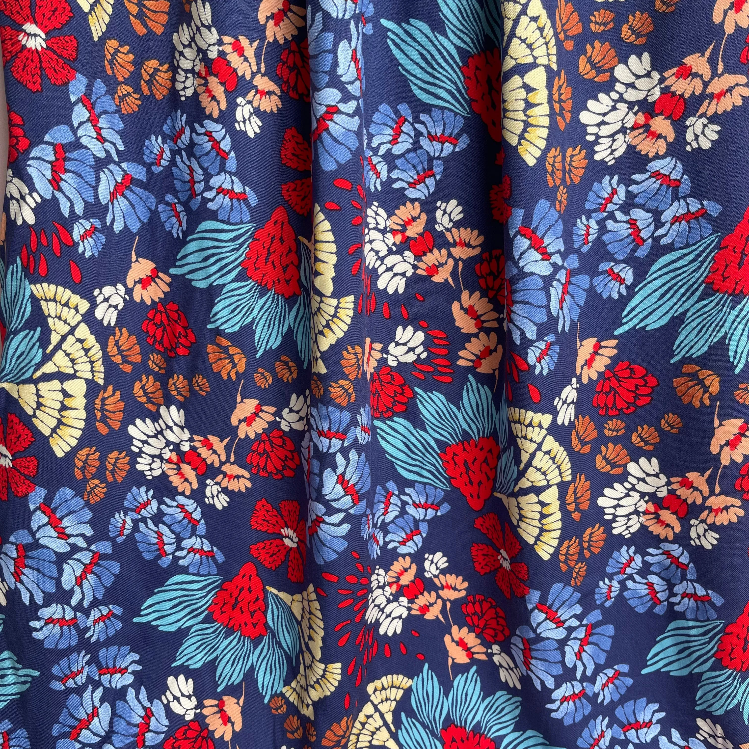 REMNANT 1.2 Metres - Bold Blue Abstract Flowers Viscose Twill Fabric