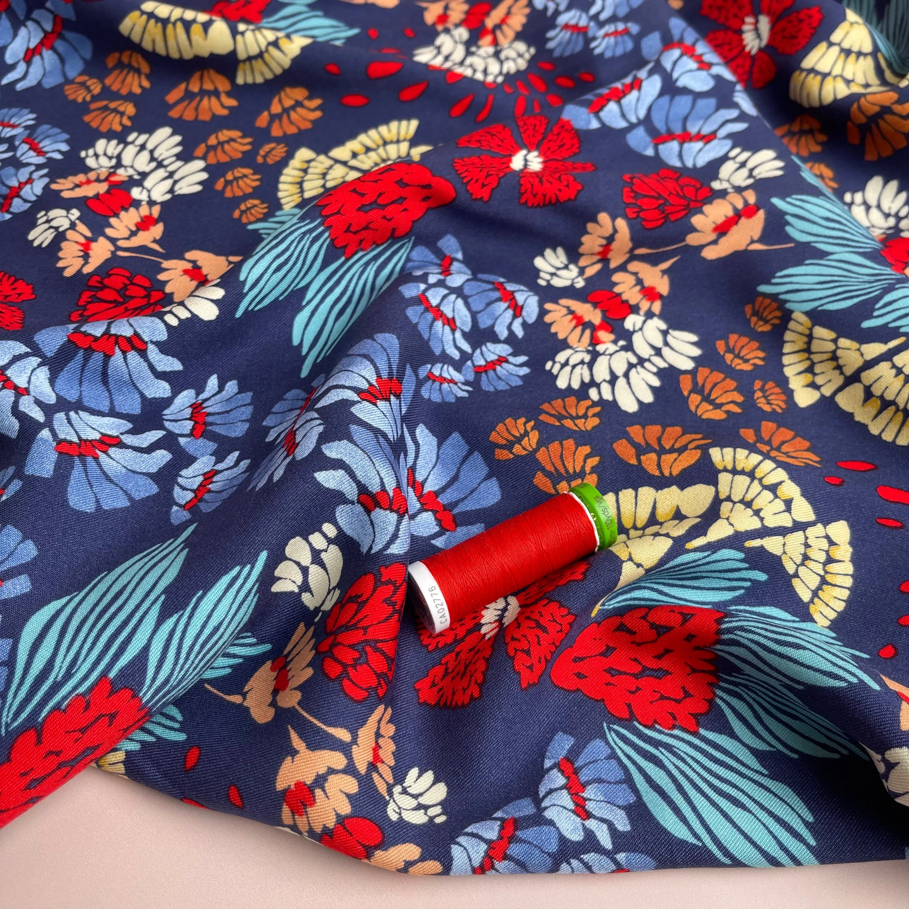 REMNANT 1.2 Metres - Bold Blue Abstract Flowers Viscose Twill Fabric
