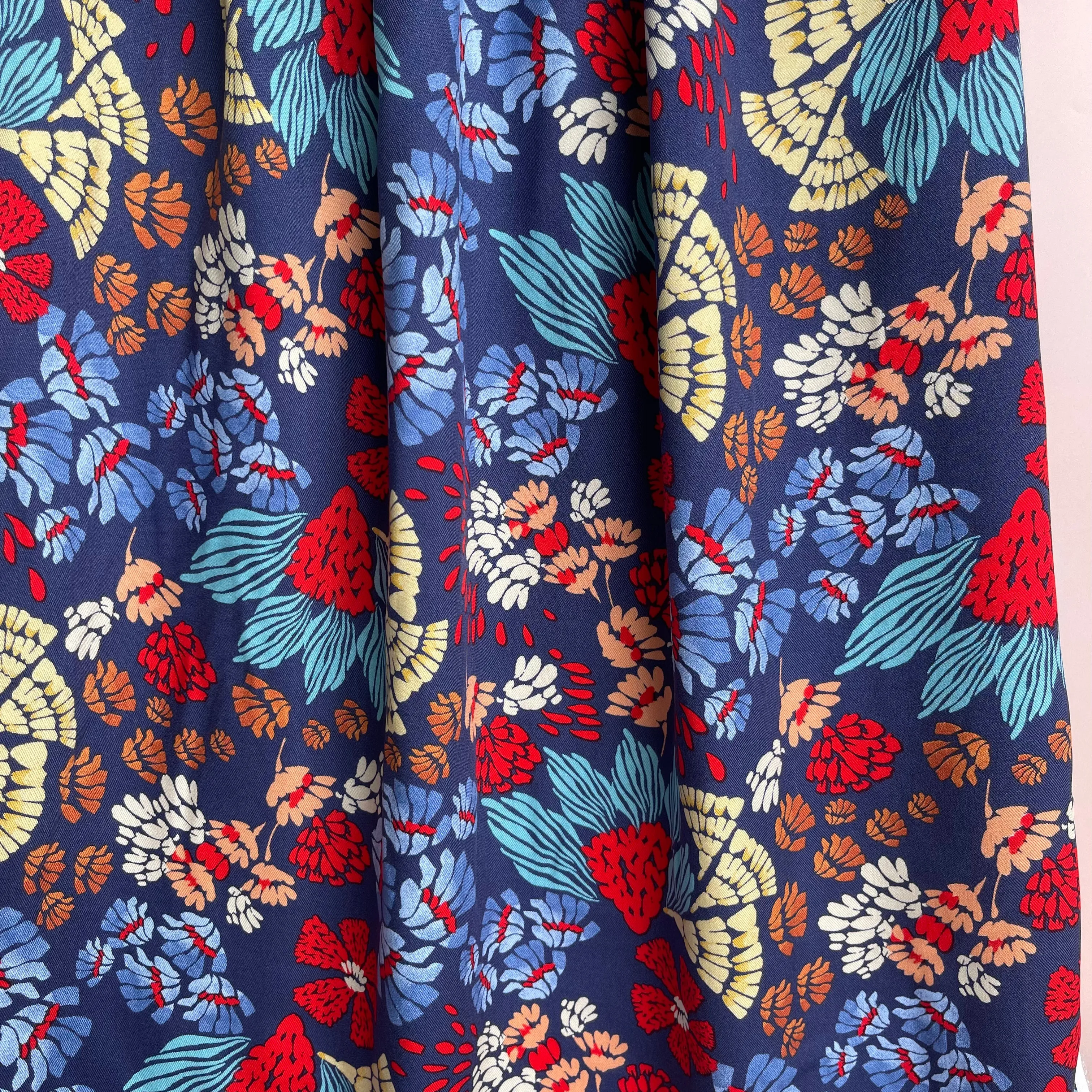 REMNANT 1.2 Metres - Bold Blue Abstract Flowers Viscose Twill Fabric