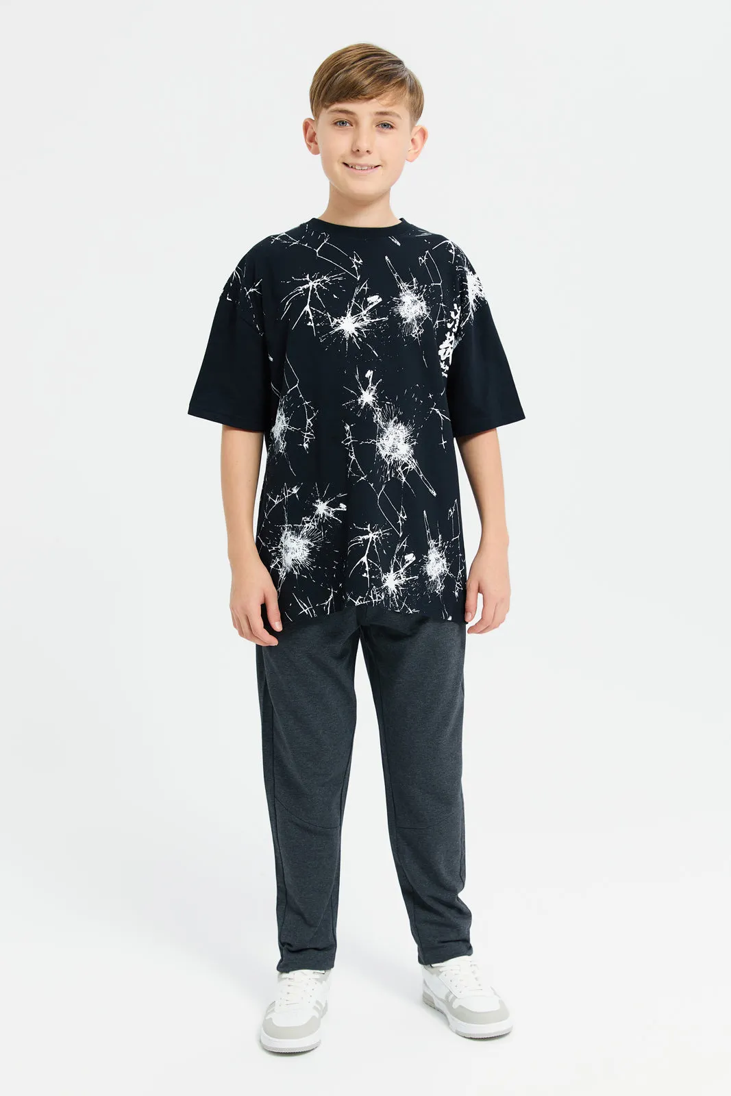 Senior Boys Black Front And Back Anime Oversize T-Shirt