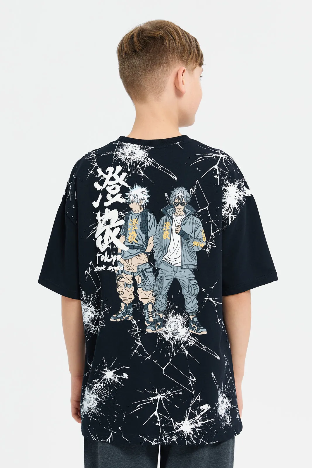Senior Boys Black Front And Back Anime Oversize T-Shirt