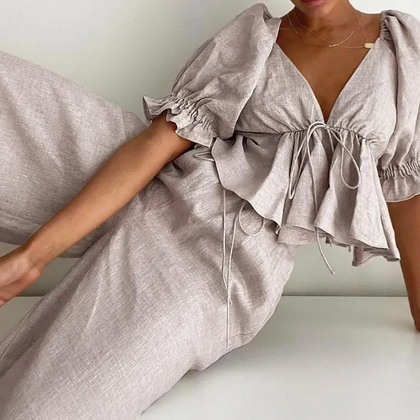 Sexy leaky back v-neck cotton and linen women's puff sleeve shirt