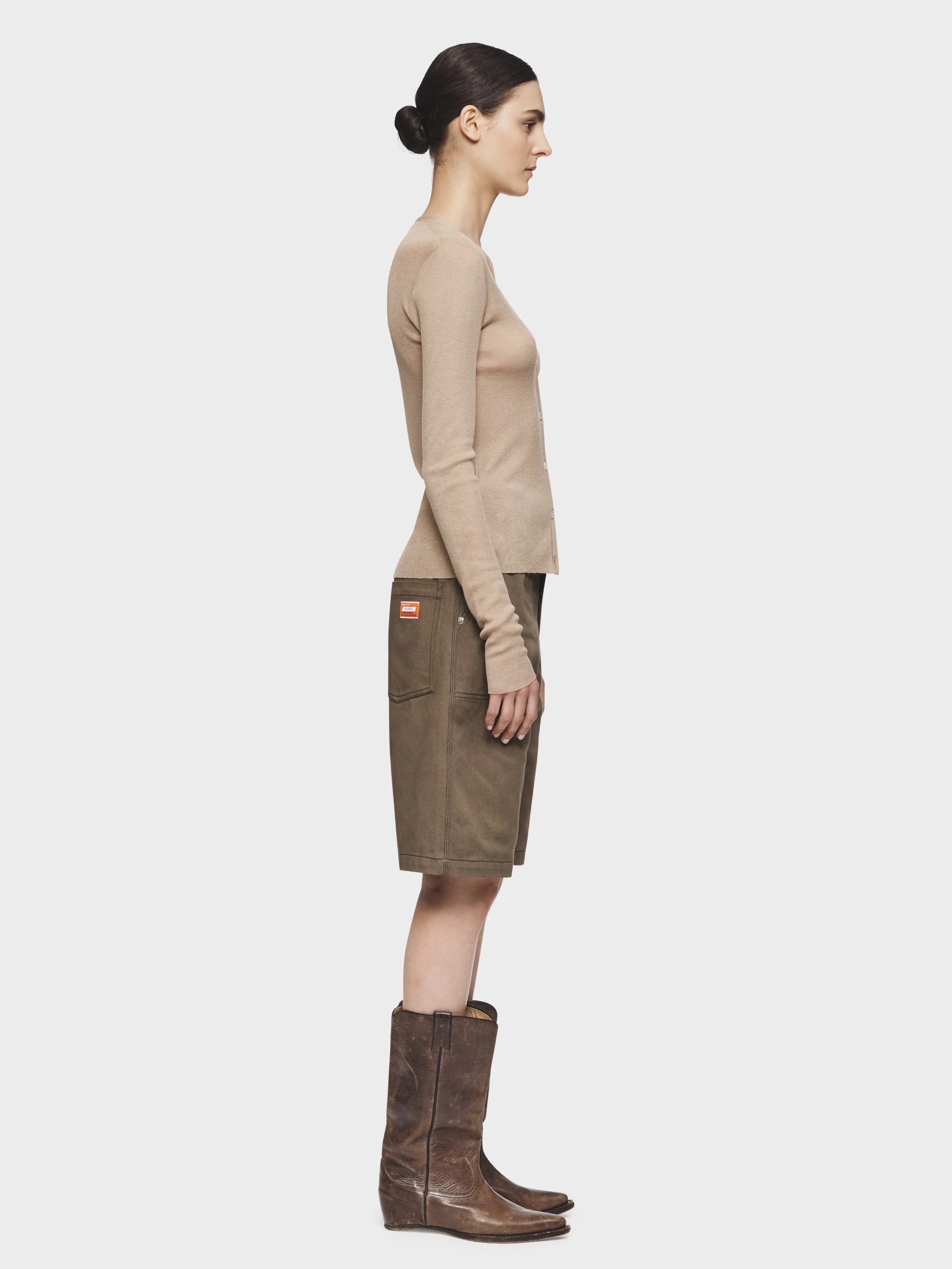 Skinny Rib V-Cardigan in Sand