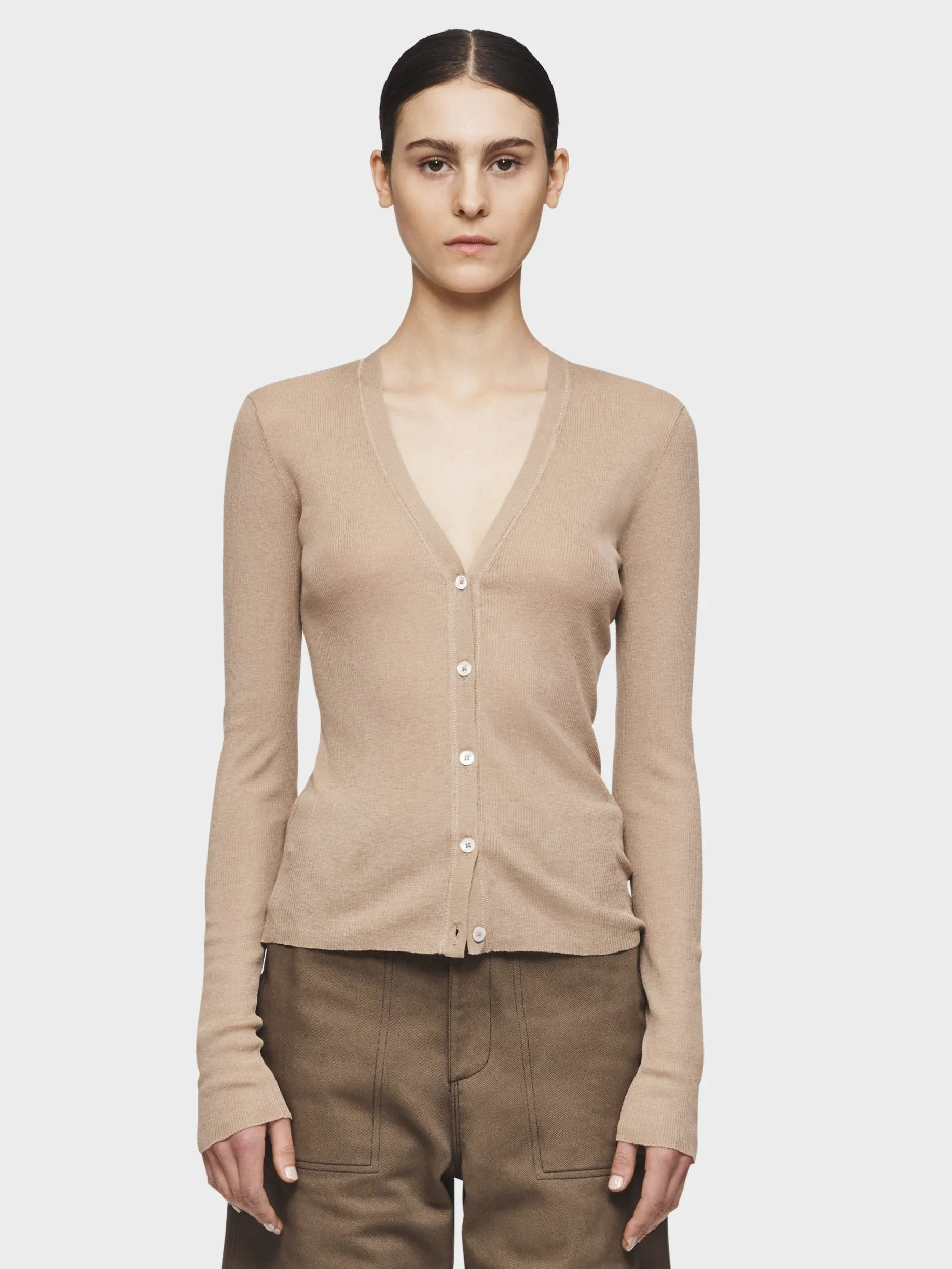 Skinny Rib V-Cardigan in Sand