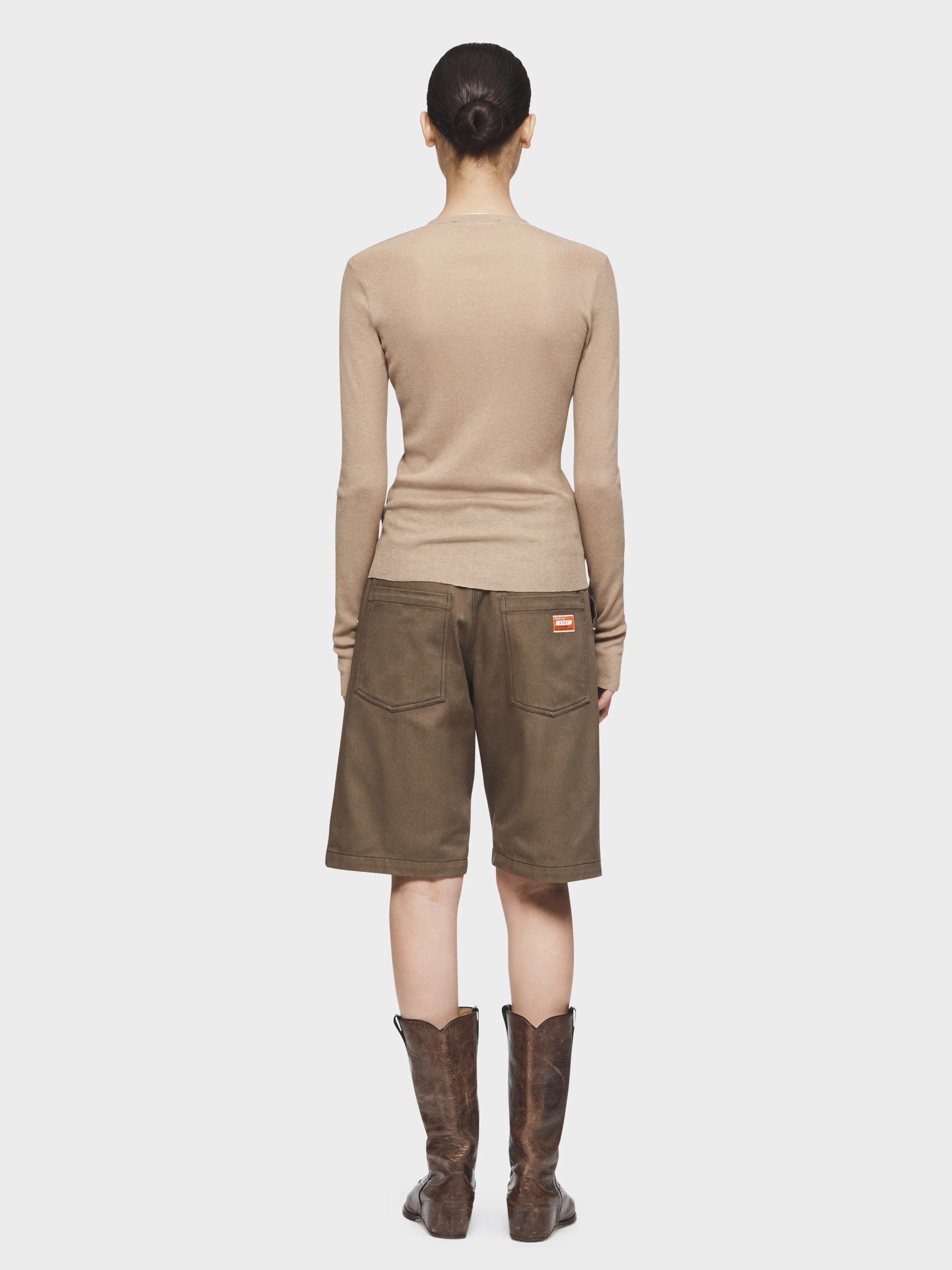 Skinny Rib V-Cardigan in Sand