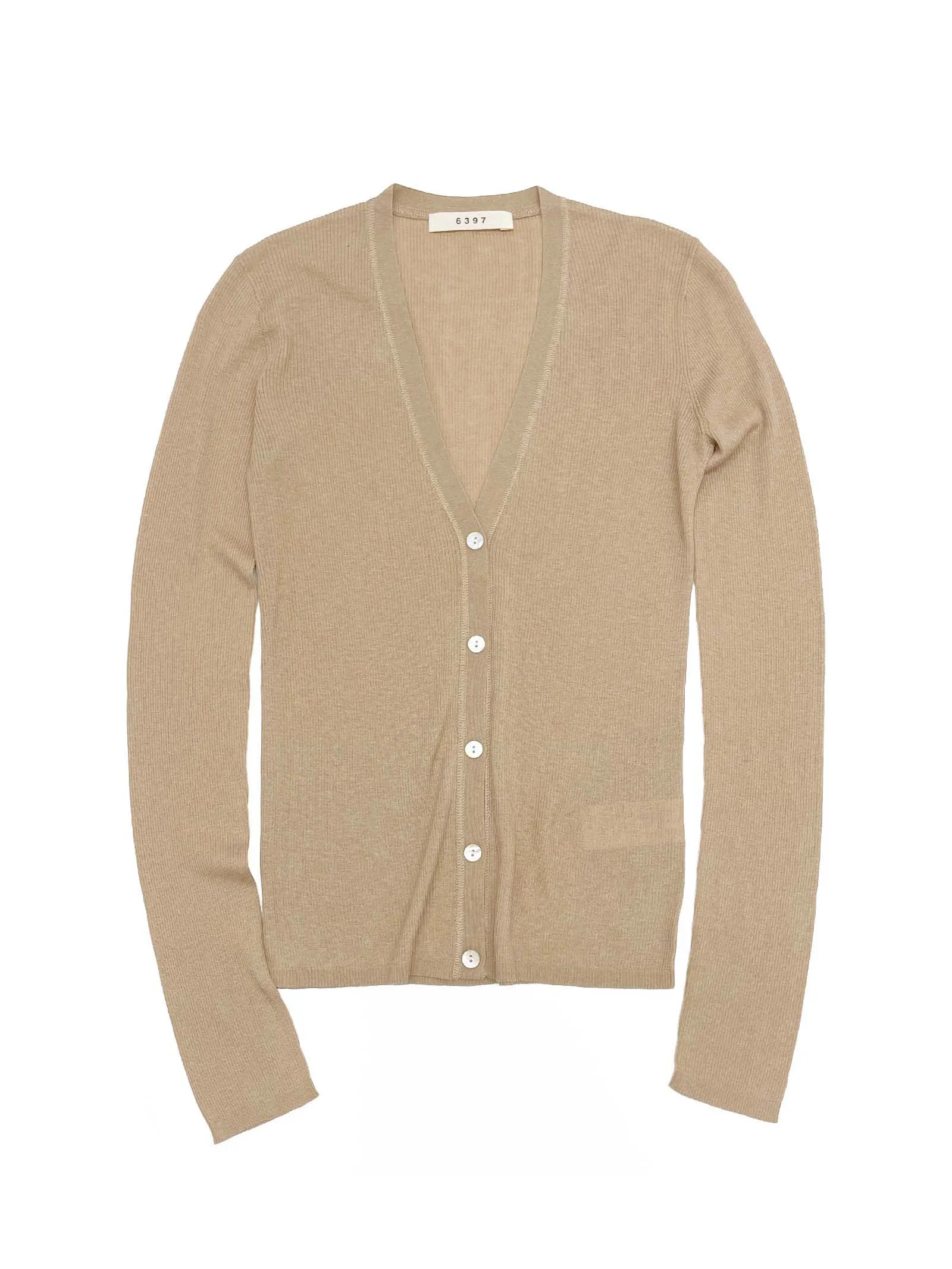 Skinny Rib V-Cardigan in Sand