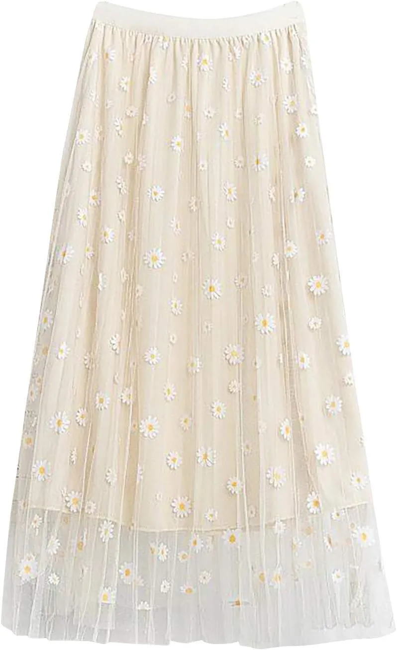 skirts for women trendy Floral Pleated Mesh Overlay Elastic Waist skirts for women midi length Big Swing A-LineTulle Skirt Beige