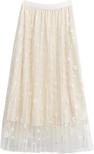 skirts for women trendy Floral Pleated Mesh Overlay Elastic Waist skirts for women midi length Big Swing A-LineTulle Skirt Beige