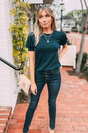 Solid Button Back Puff Short Sleeve Top