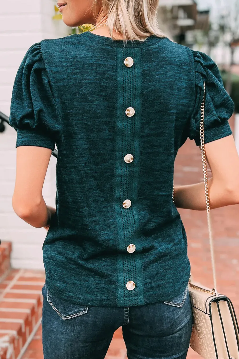 Solid Button Back Puff Short Sleeve Top
