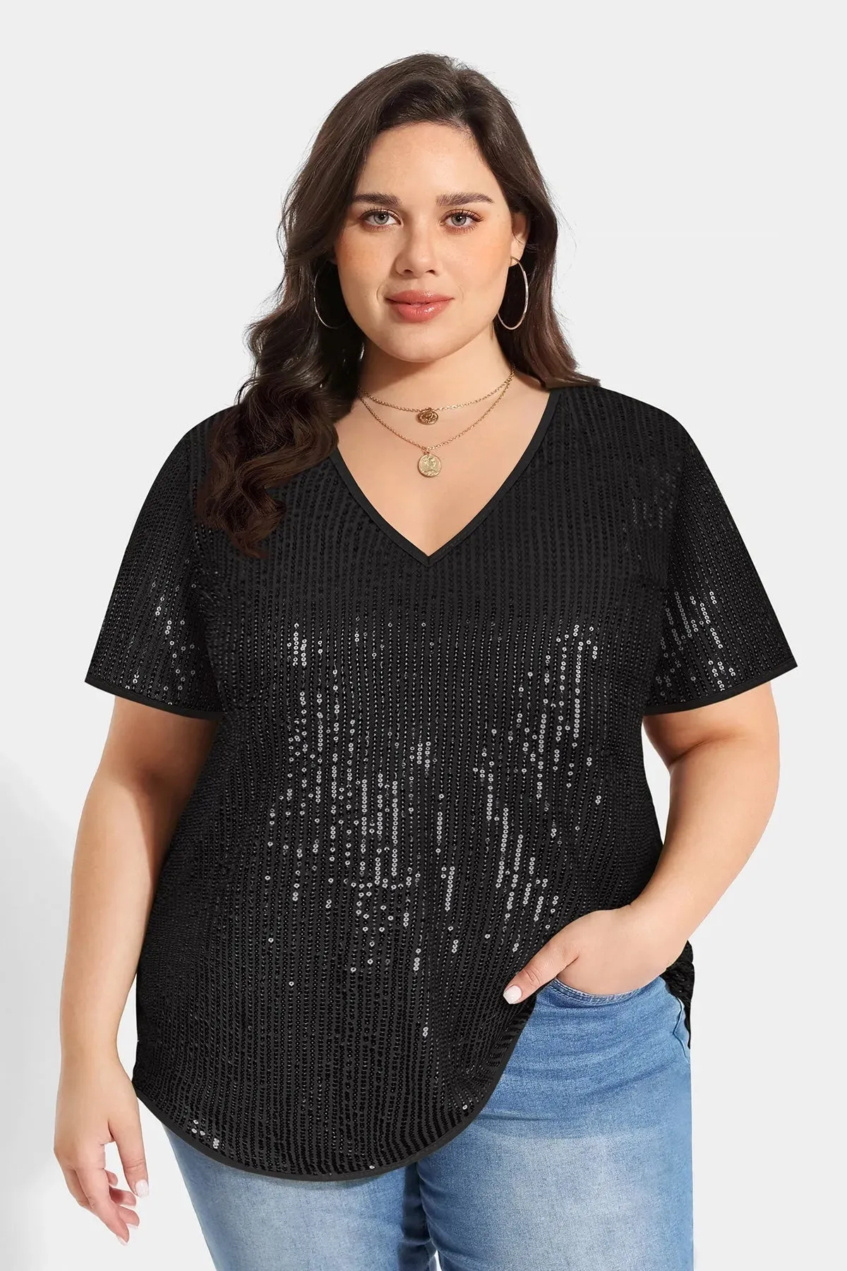 Solid Sequin Texture Fashionable T-Shirt